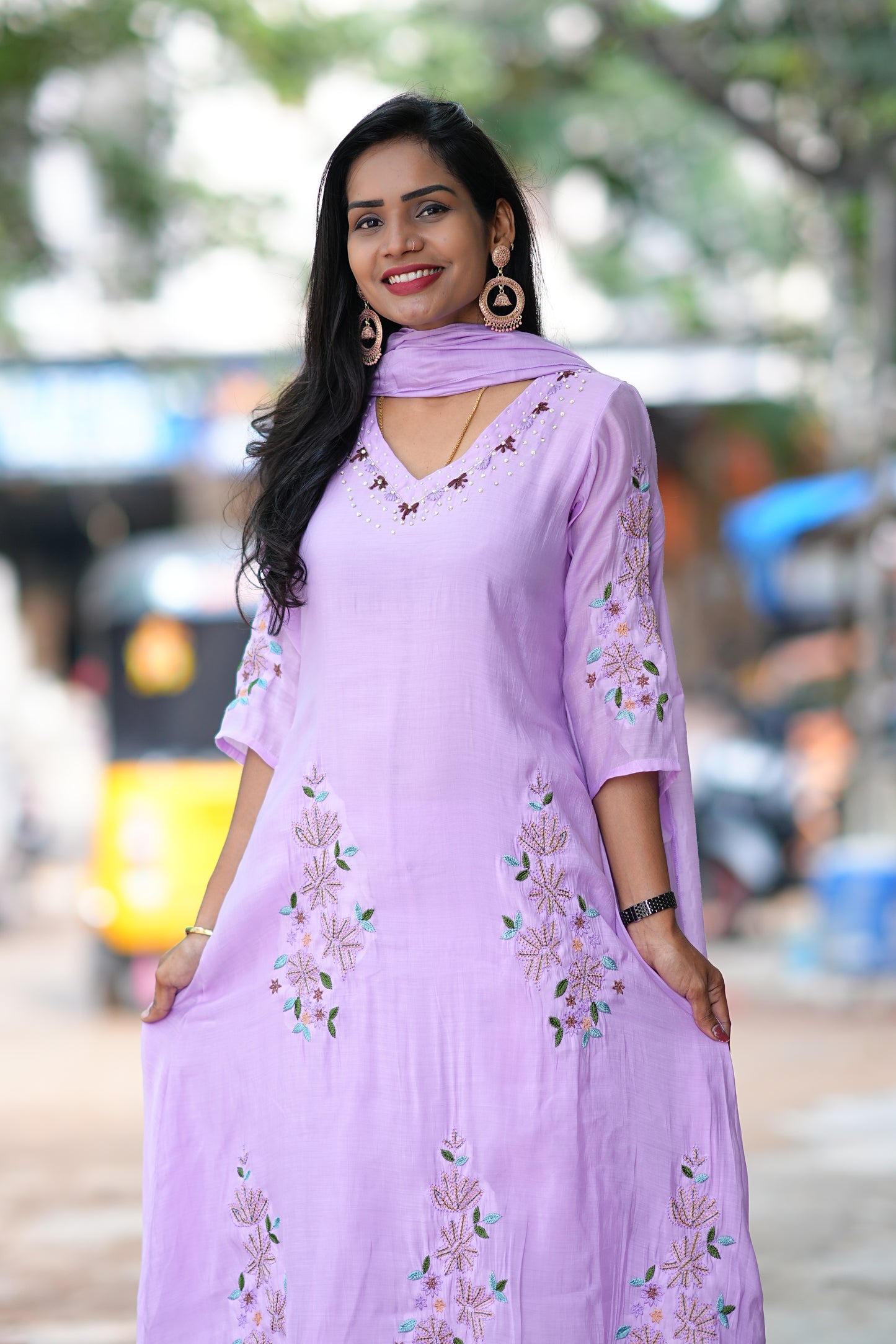 Lavender Color Mul Chanderi Designer Wear 3 Piece Set With Complete Lining