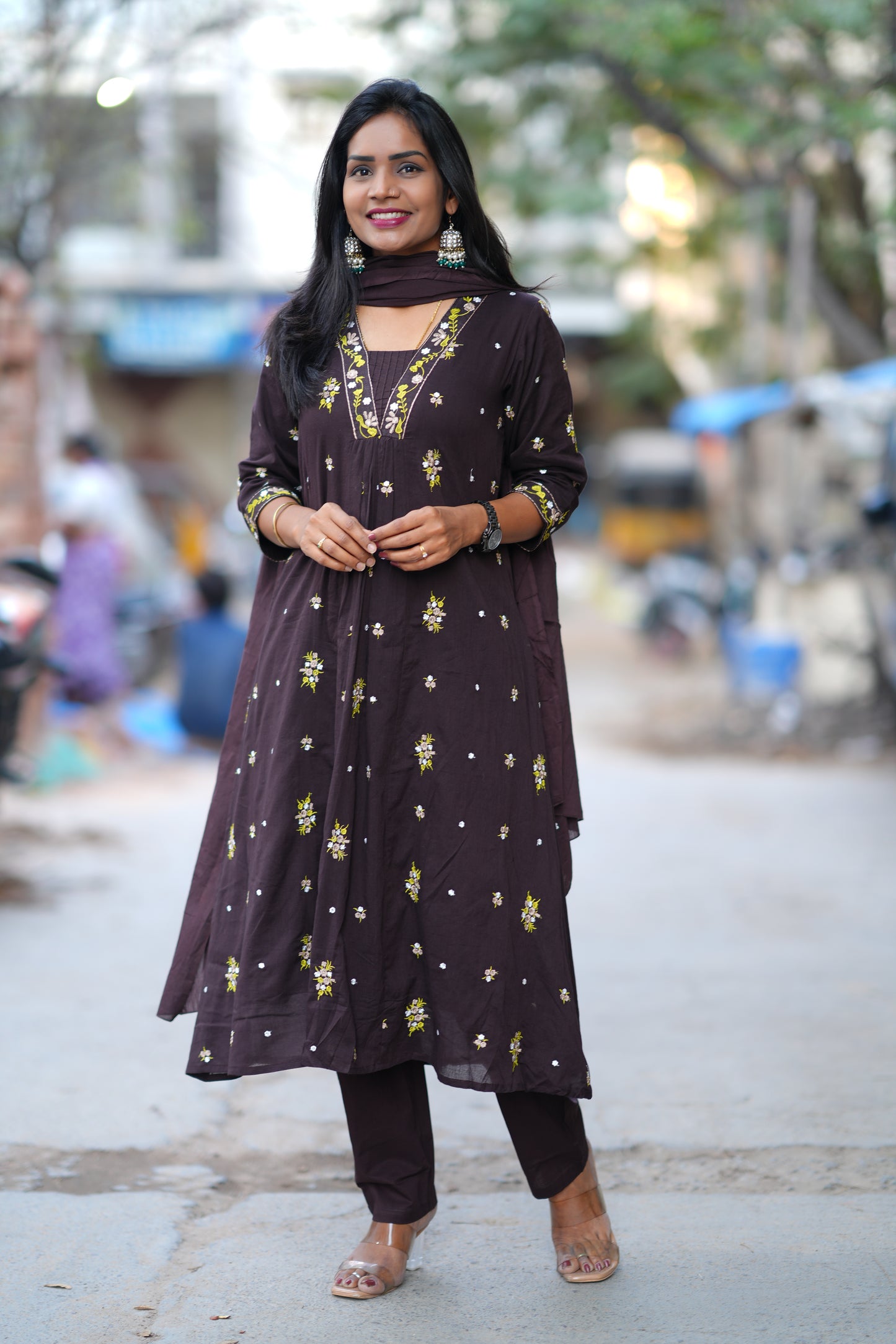 Brown Color Jaipur Cotton 3 Piece Set With Embroidery Work and Complete Lining