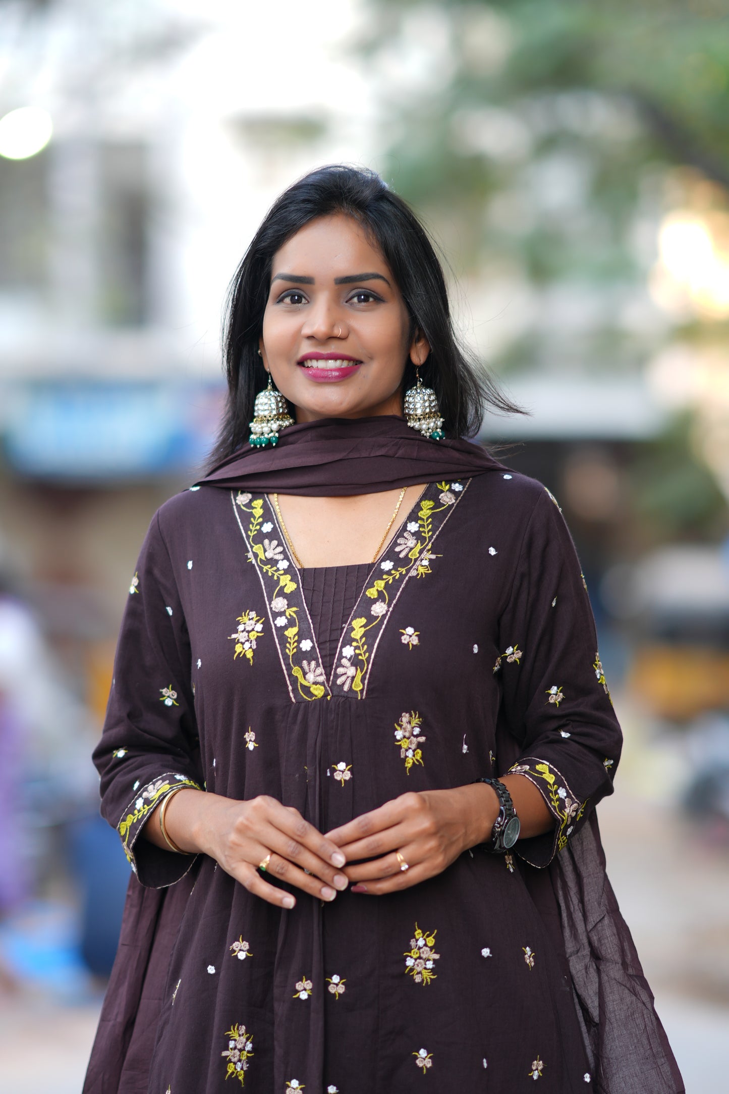 Coffee Brown Color Mul Cotton A Line 3 Piece Set With Embroidery Work and Complete Lining