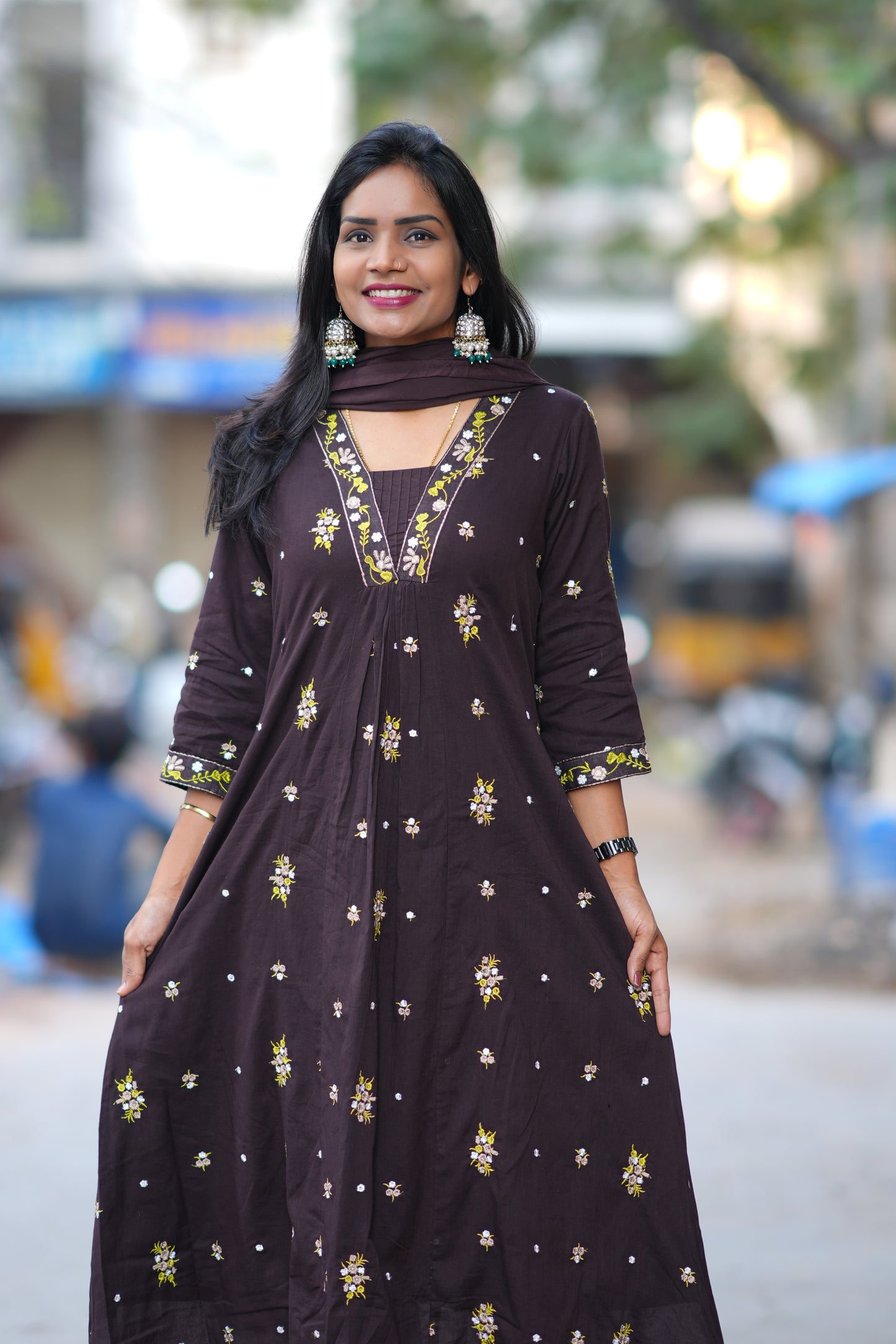 Brown Color Jaipur Cotton 3 Piece Set With Embroidery Work and Complete Lining