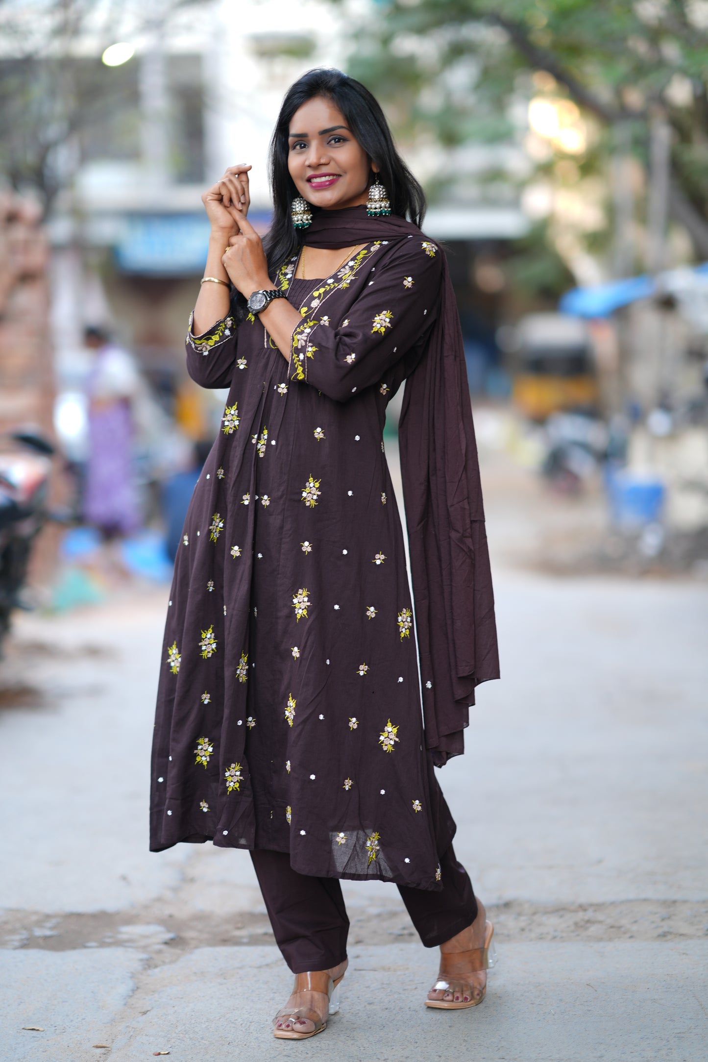 Coffee Brown Color Mul Cotton A Line 3 Piece Set With Embroidery Work and Complete Lining