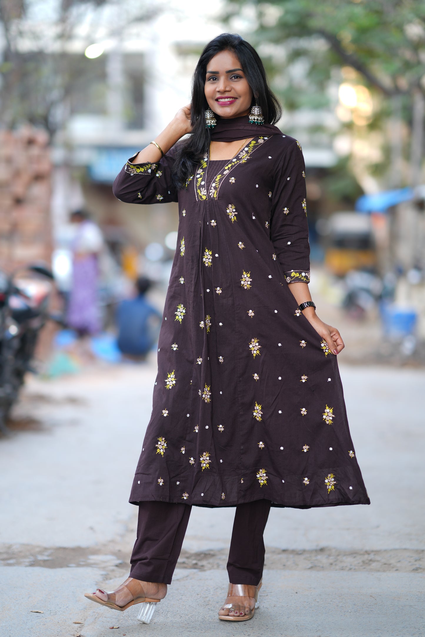 Brown Color Jaipur Cotton 3 Piece Set With Embroidery Work and Complete Lining