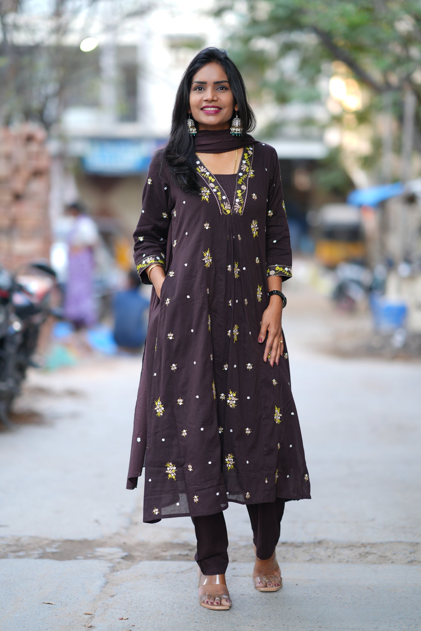 Brown Color Jaipur Cotton 3 Piece Set With Embroidery Work and Complete Lining