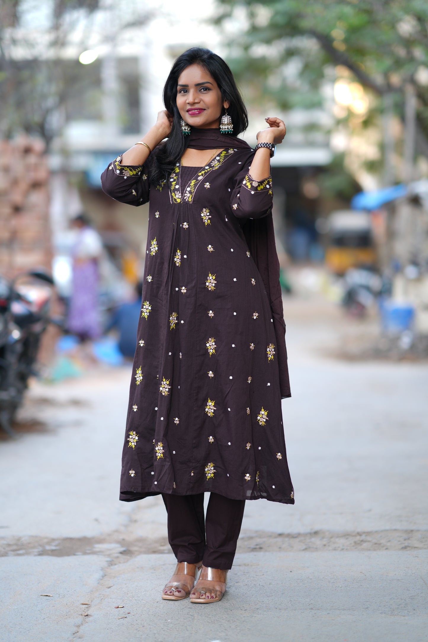 Brown Color Jaipur Cotton 3 Piece Set With Embroidery Work and Complete Lining