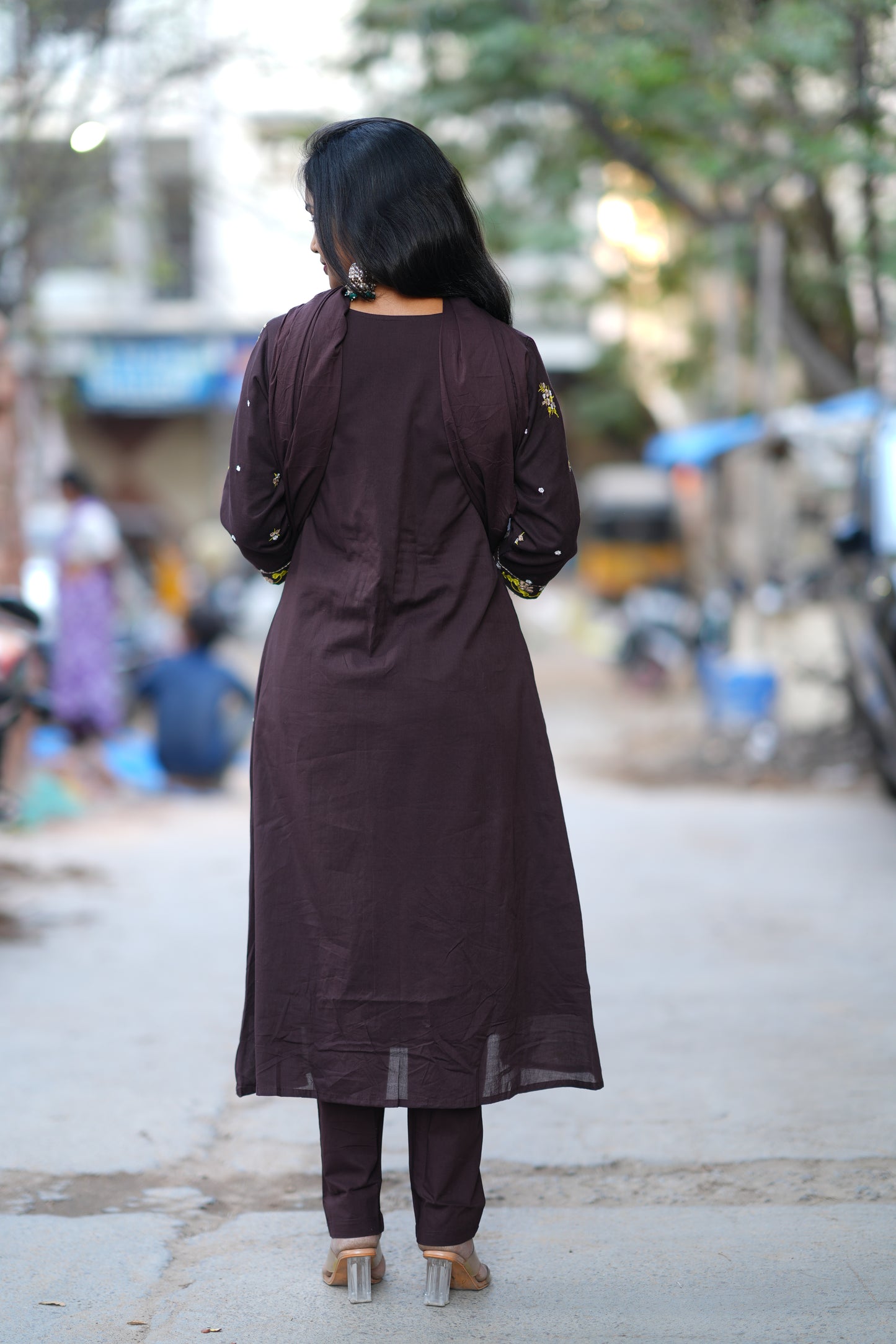 Coffee Brown Color Mul Cotton A Line 3 Piece Set With Embroidery Work and Complete Lining