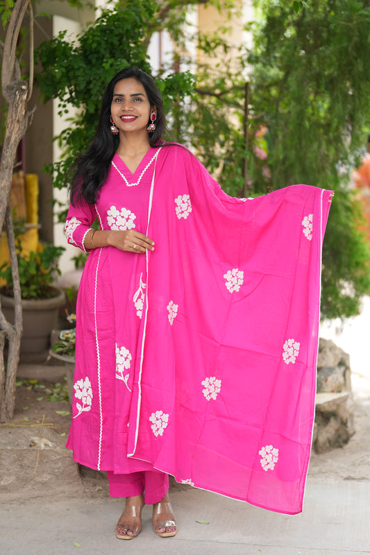 Jaipur Cotton Party Wear 3 Piece Set With Thread Work