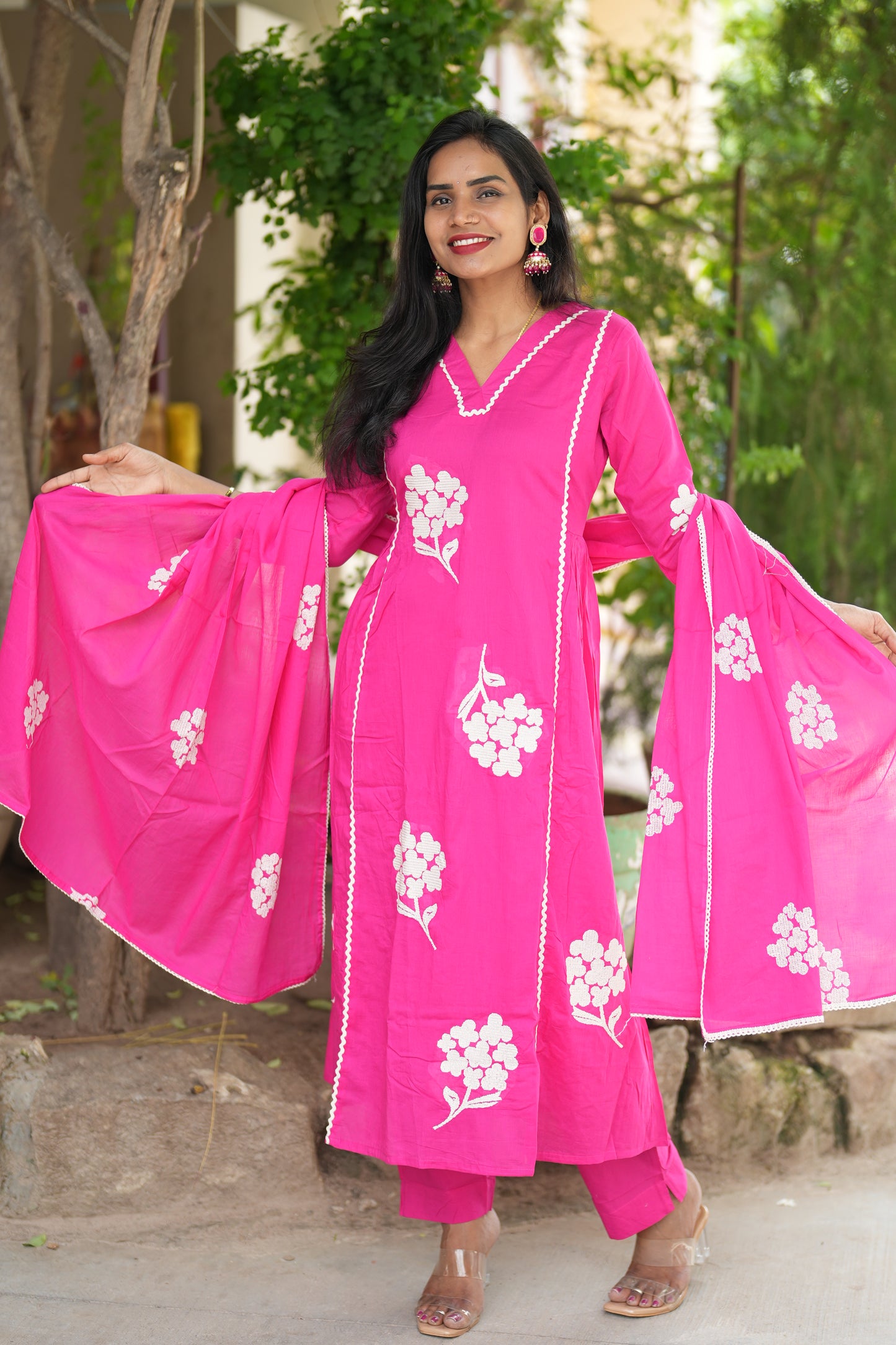 Jaipur Cotton Party Wear 3 Piece Set With Thread Work