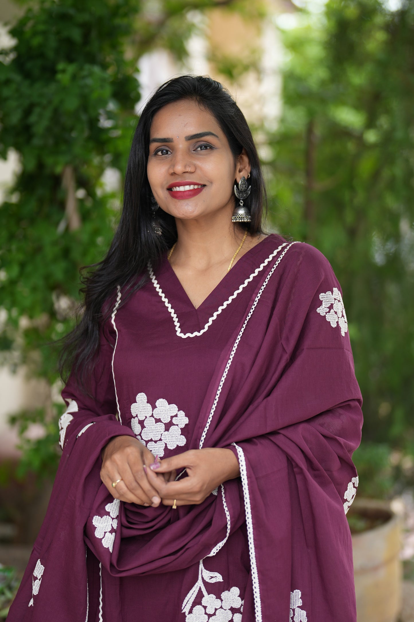 Dark Maroon Jaipur Cotton Party Wear 3 Piece Set With Thread Work