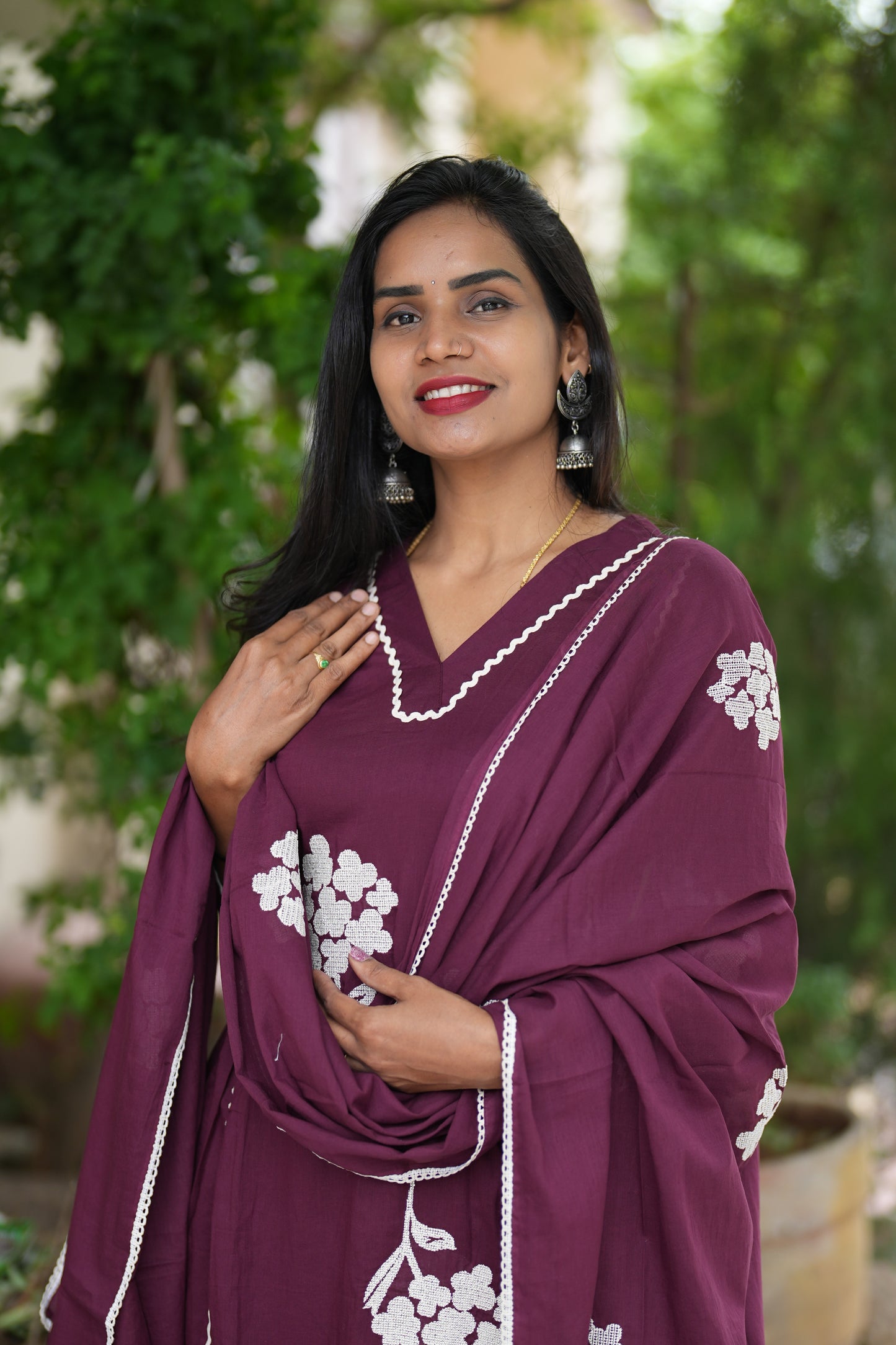 Dark Maroon Jaipur Cotton Party Wear 3 Piece Set With Thread Work
