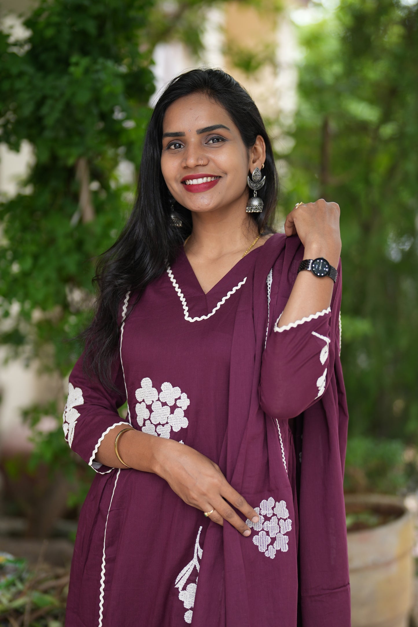 Dark Maroon Jaipur Cotton Party Wear 3 Piece Set With Thread Work