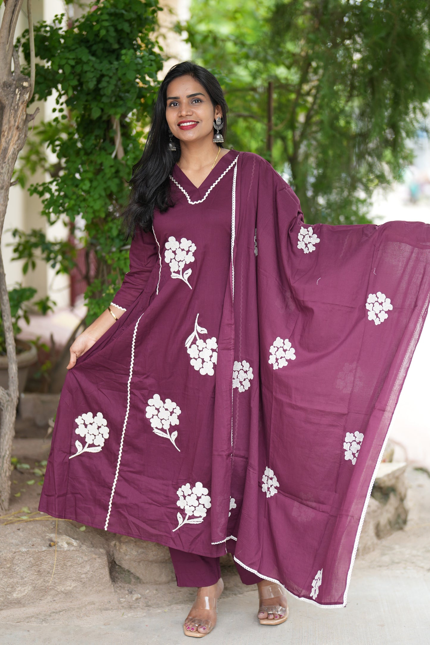 Dark Maroon Jaipur Cotton Party Wear 3 Piece Set With Thread Work