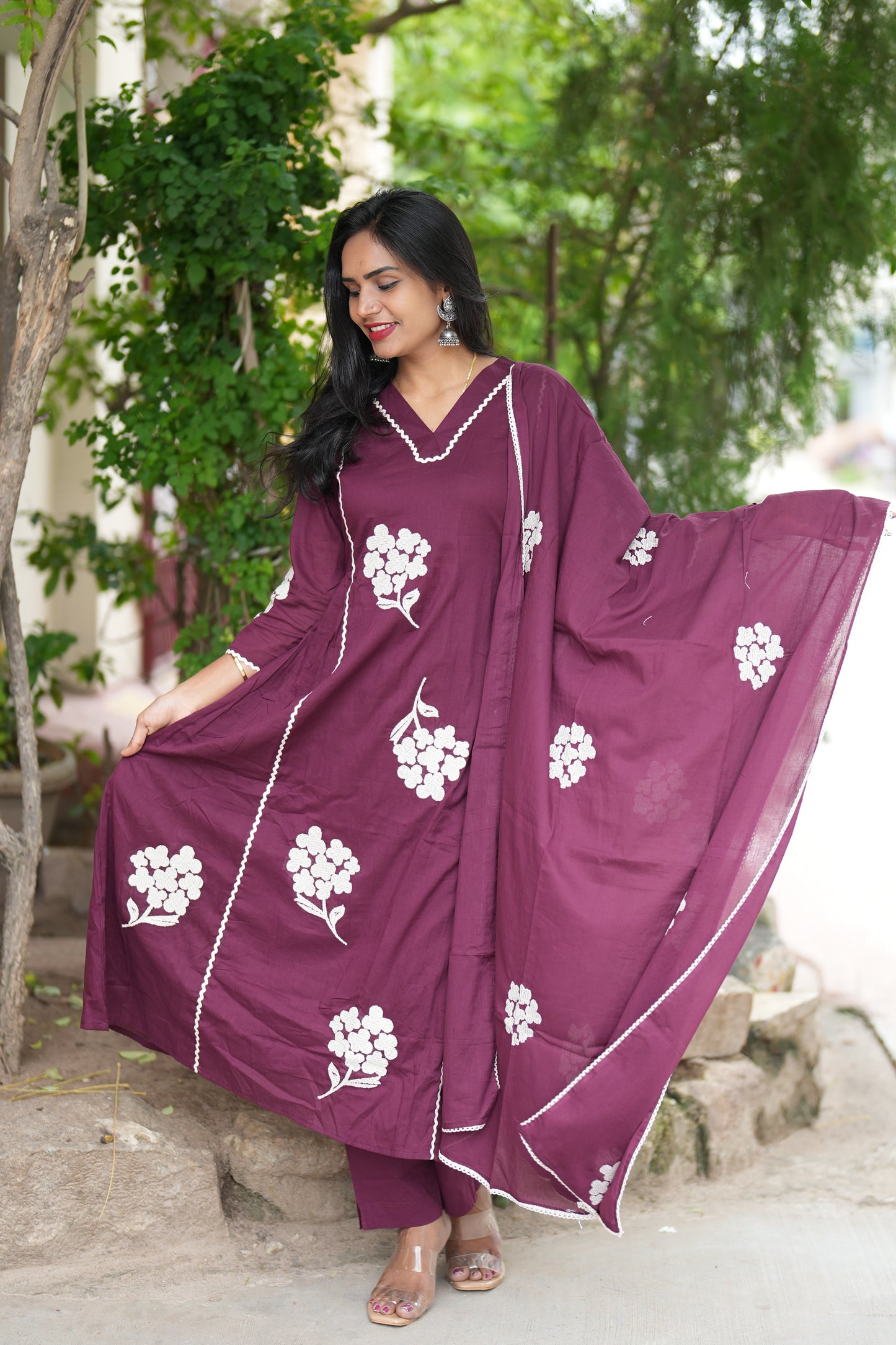 Dark Maroon Jaipur Cotton Party Wear 3 Piece Set With Thread Work