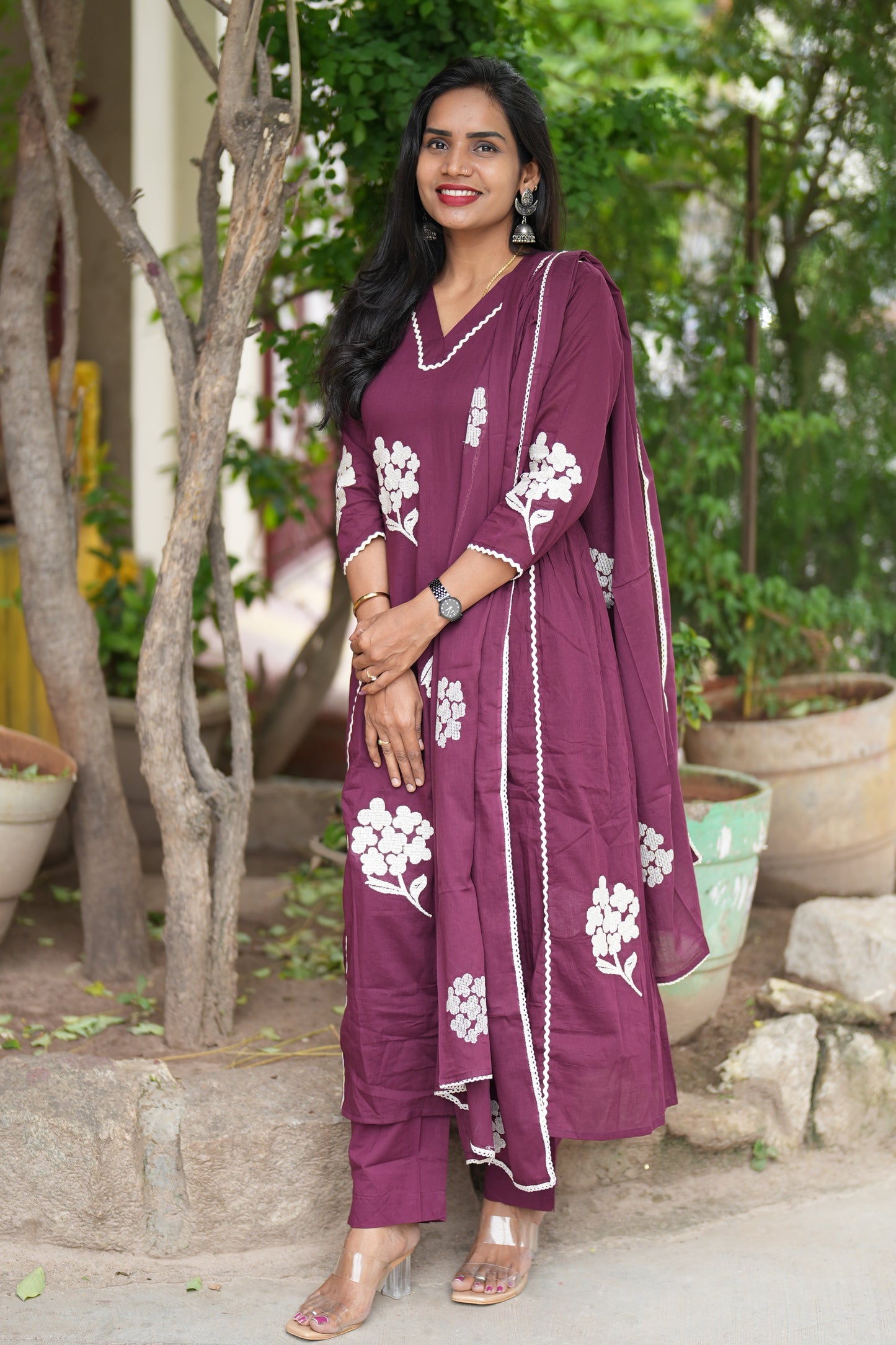 Dark Maroon Jaipur Cotton Party Wear 3 Piece Set With Thread Work