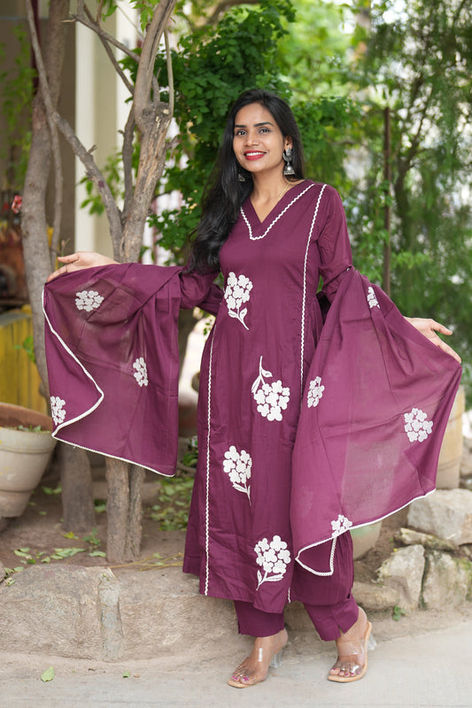 Dark Maroon Jaipur Cotton Party Wear 3 Piece Set With Thread Work