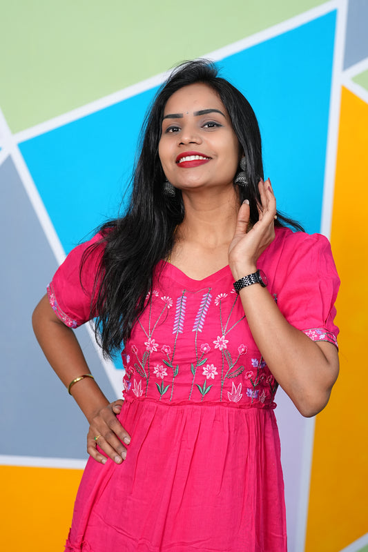 Rani Pink color Pure Mul Mul cotton Frock With Complete Lining