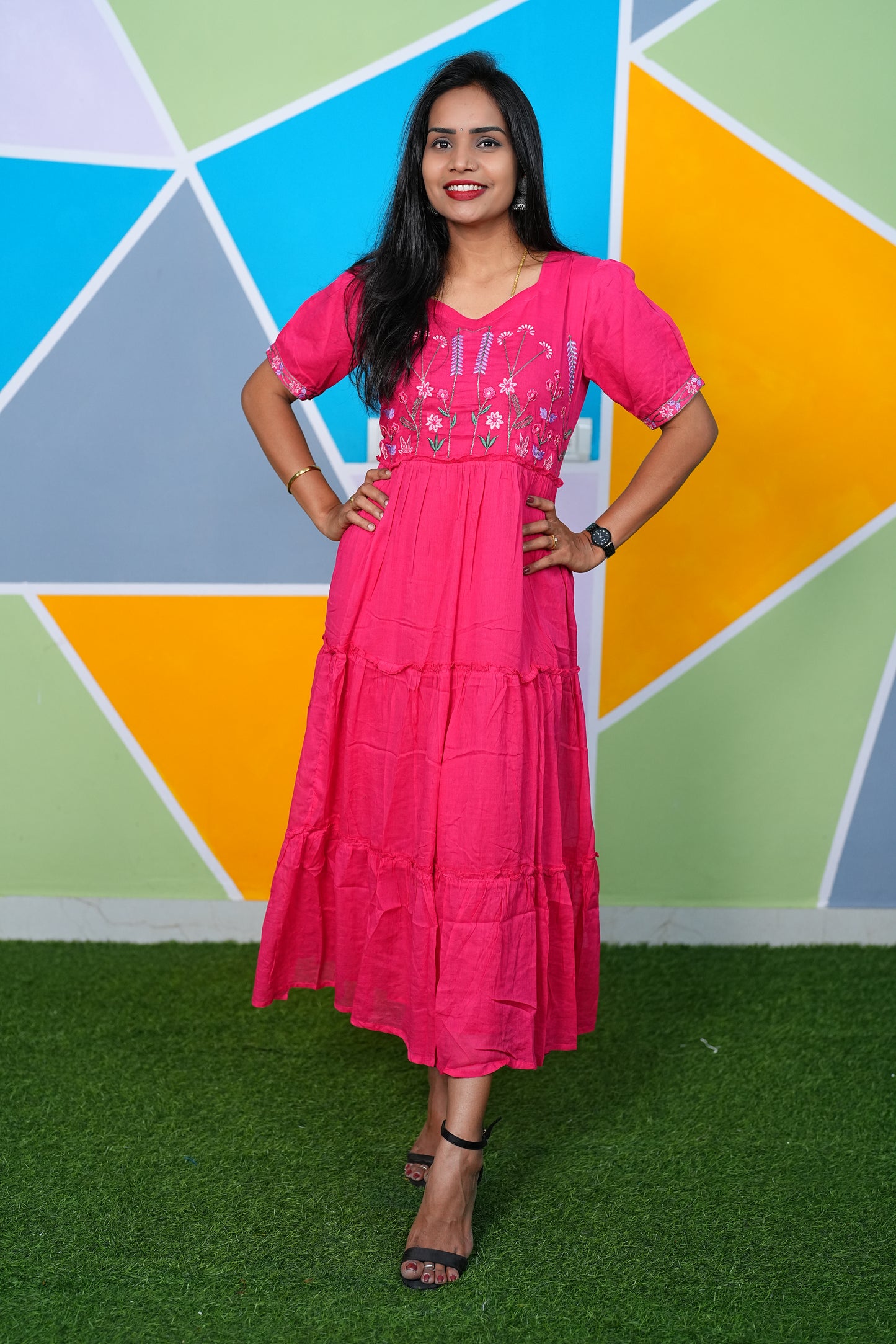 Rani Pink color Pure Mul Mul cotton Frock With Complete Lining