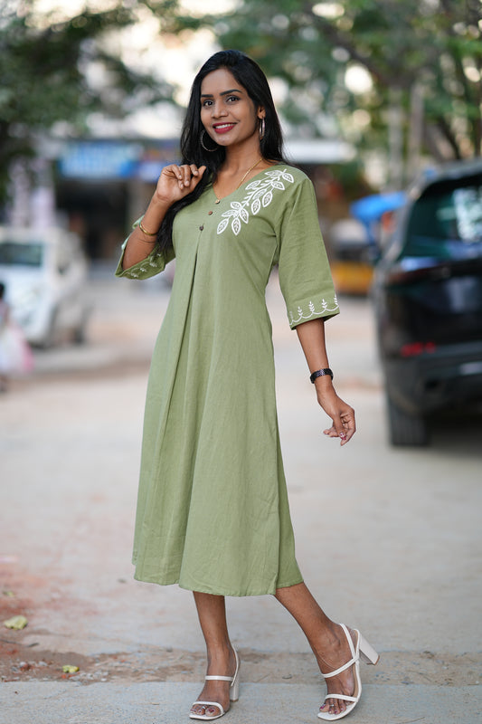 Olive Green Color Maxi With Thread Embroidery Work