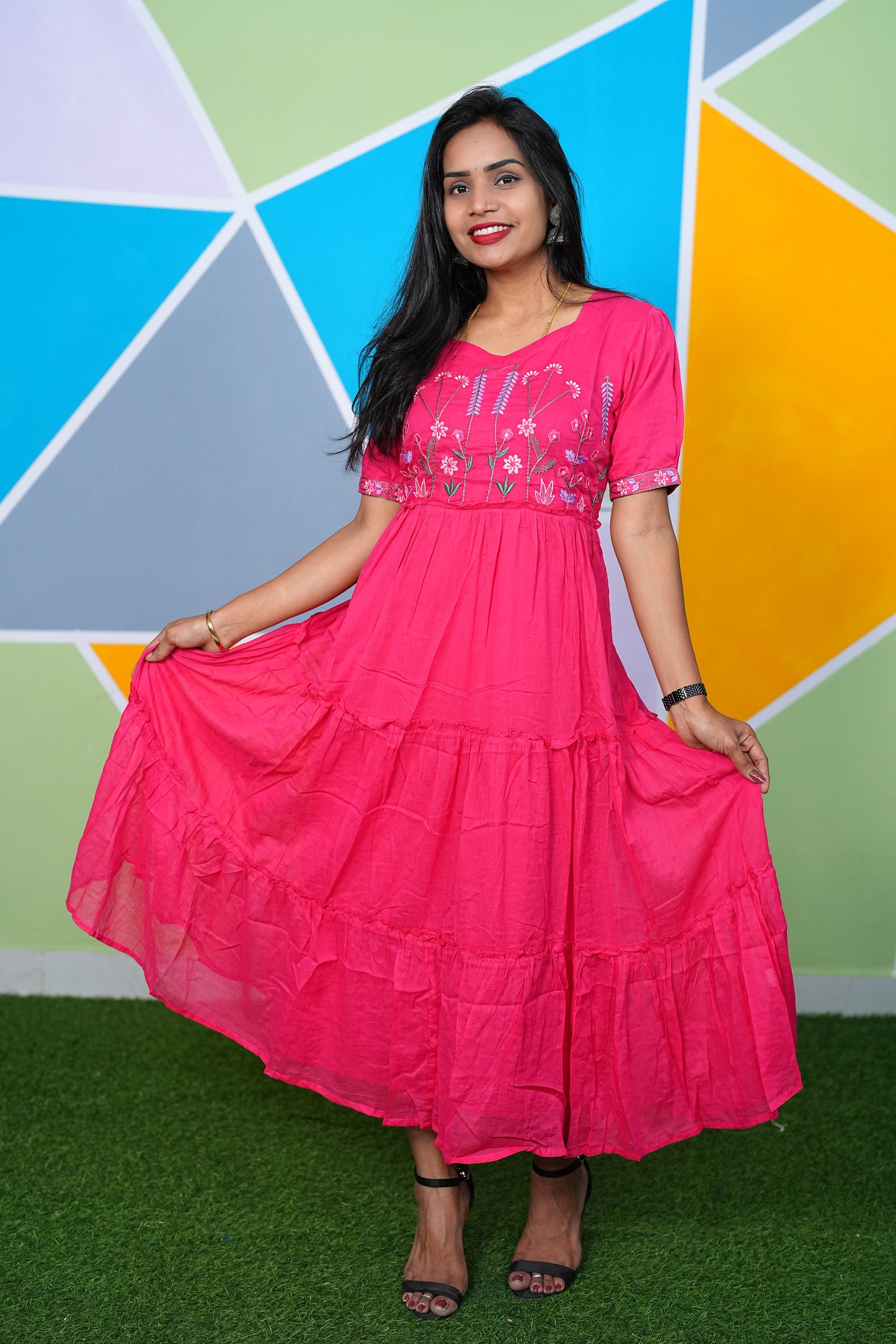 Rani Pink color Pure Mul Mul cotton Frock With Complete Lining