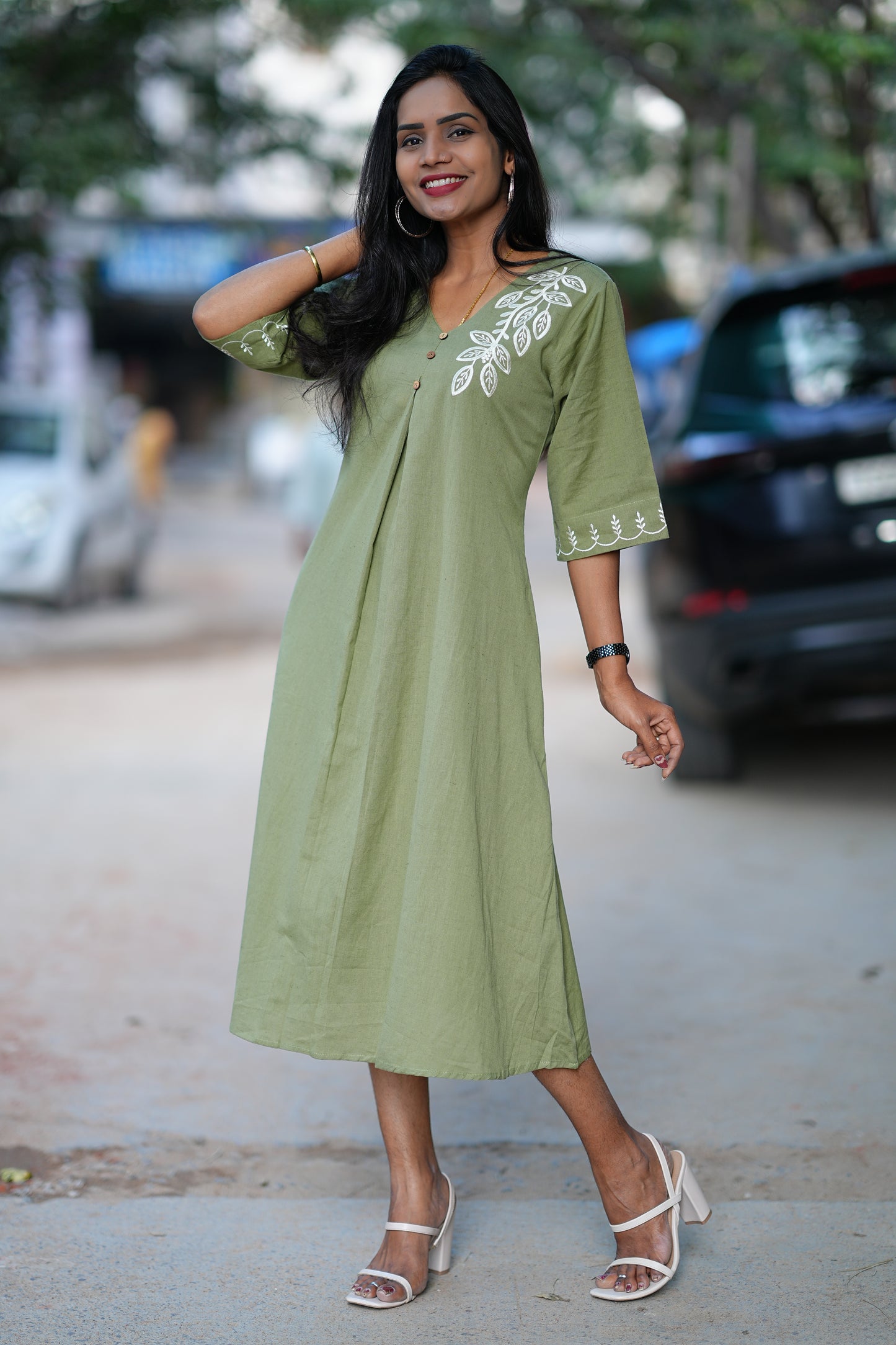 Olive Green Color Maxi With Thread Embroidery Work