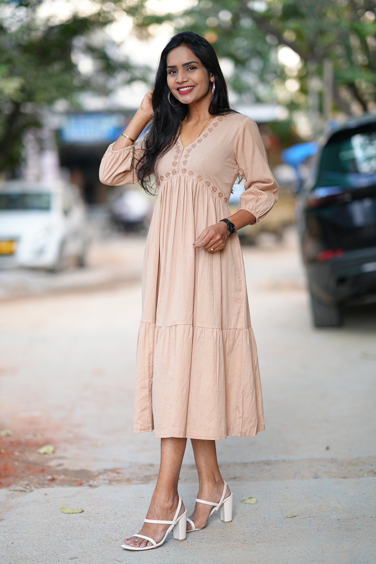 Beige Color Party Wear Maxi With Embroidery Work