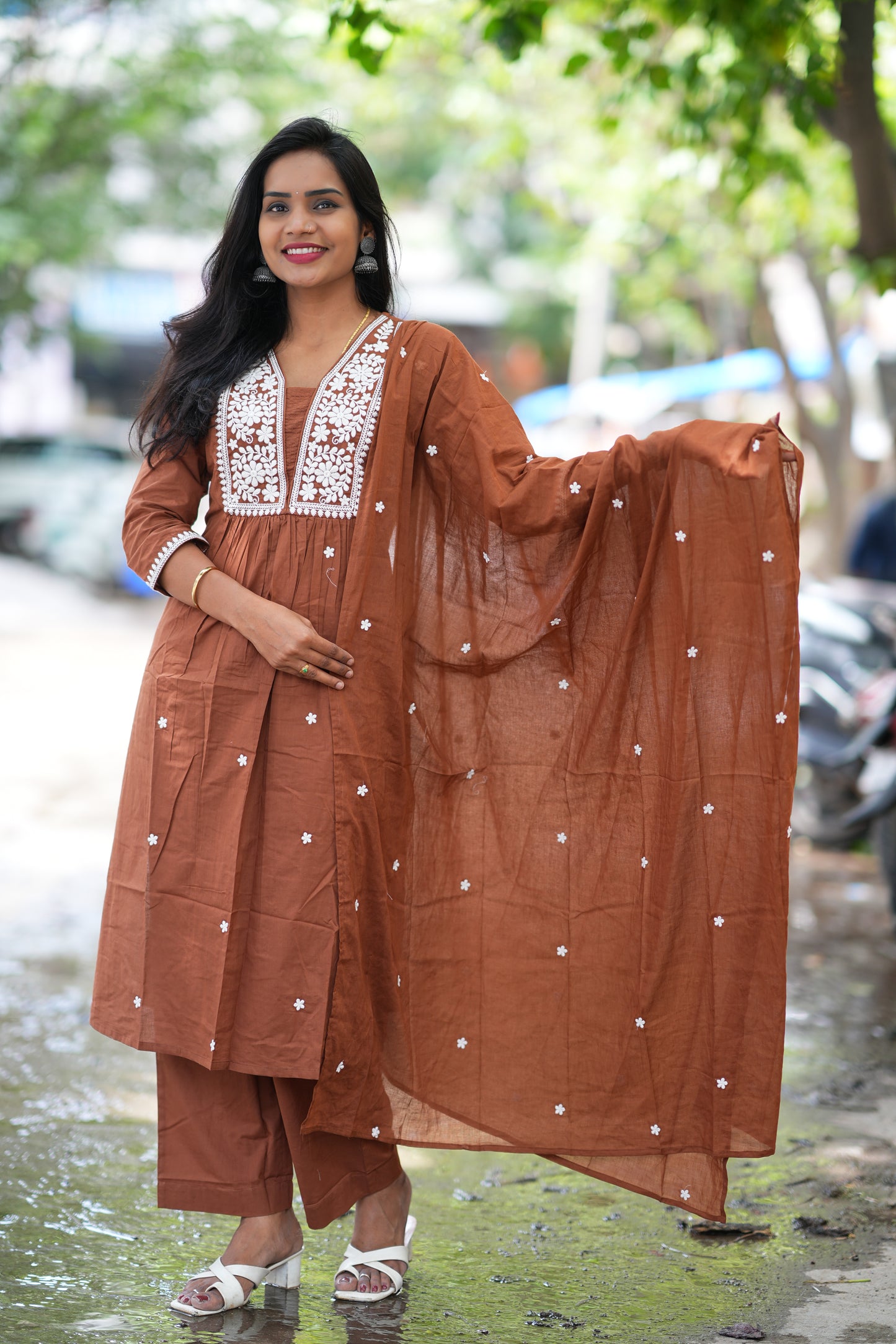 Brown Color Straight Cut Office Wear 3 Piece Set