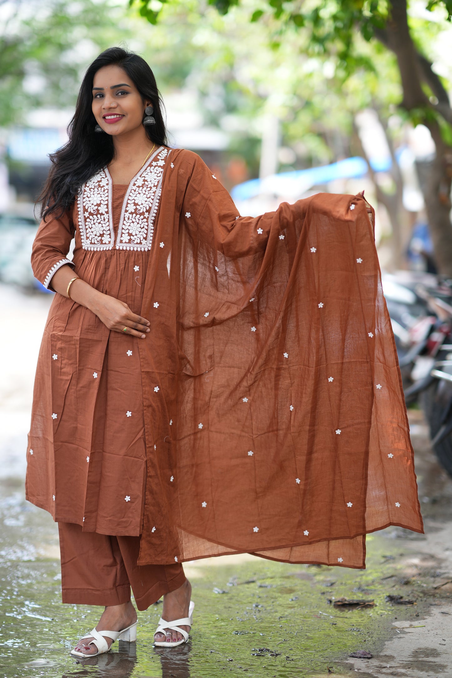 Brown Color Straight Cut Office Wear 3 Piece Set