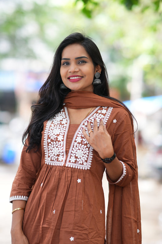 Brown Color Straight Cut Office Wear 3 Piece Set