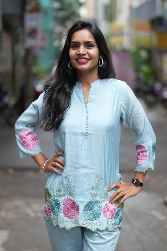 Light Blue Color Designer Wear Mul Chanderi Cord Set