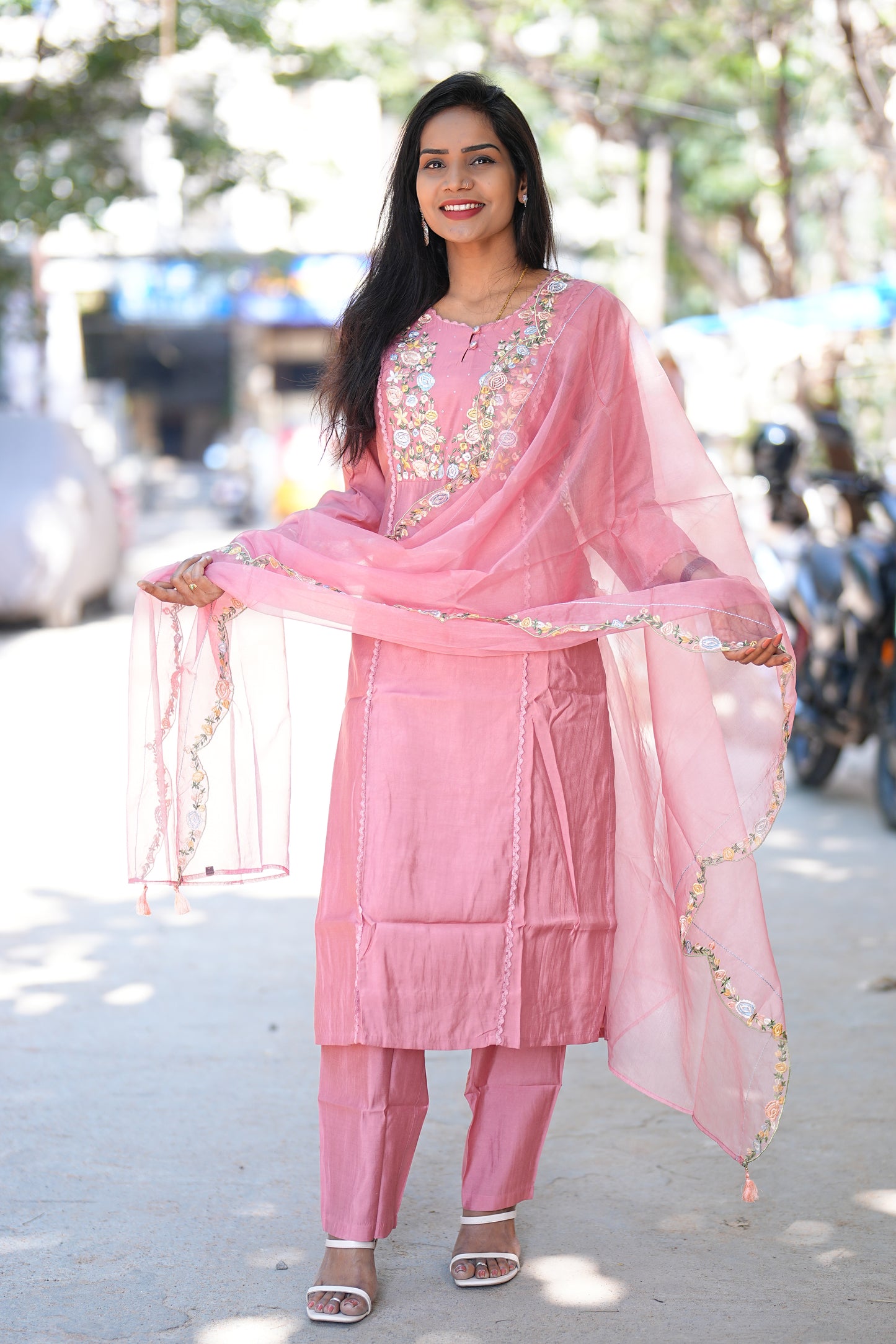 Peach color Viscose Fabric Party Wear 3 Piece Set