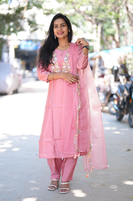 Peach color Viscose Fabric Party Wear 3 Piece Set