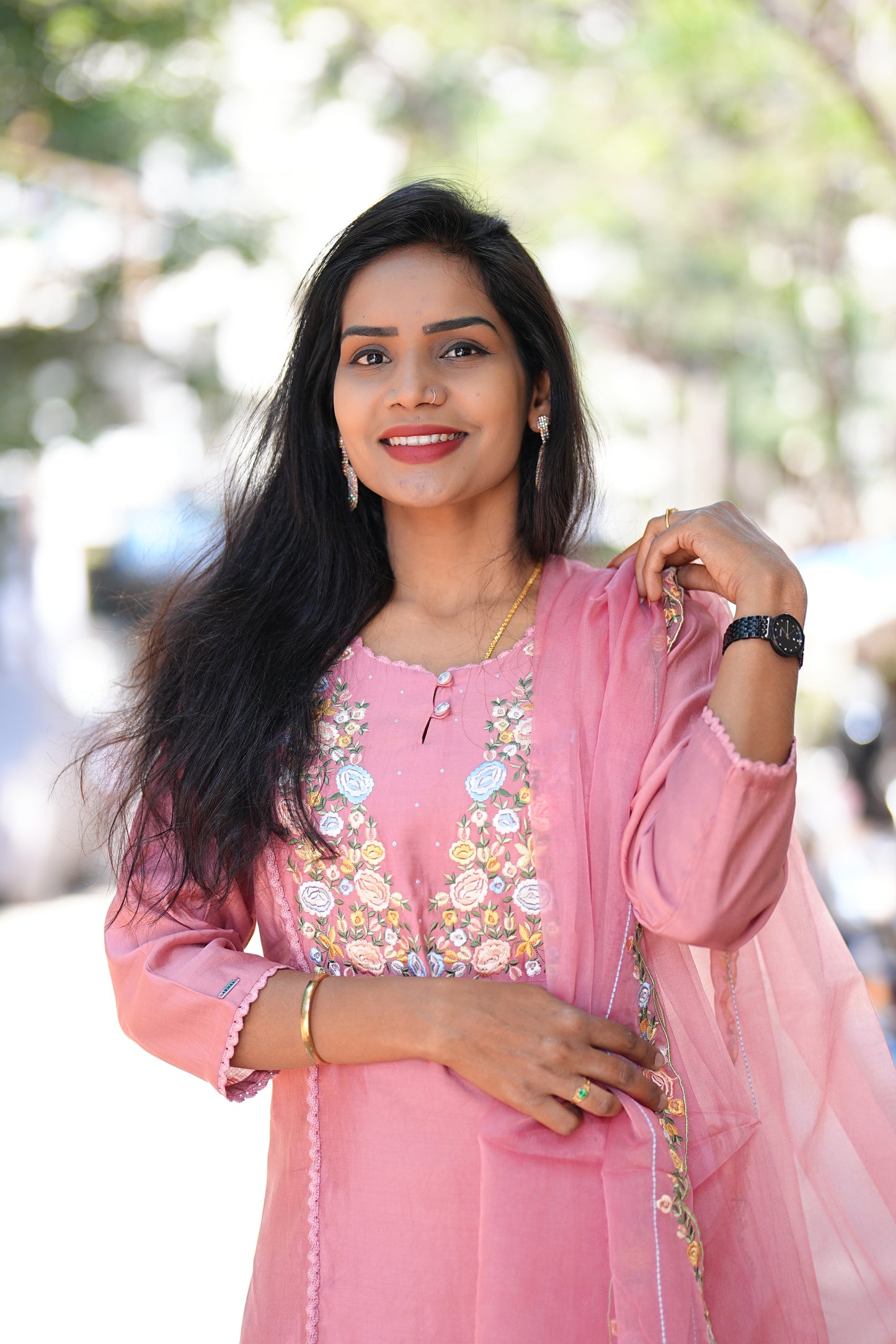 Peach color Viscose Fabric Party Wear 3 Piece Set