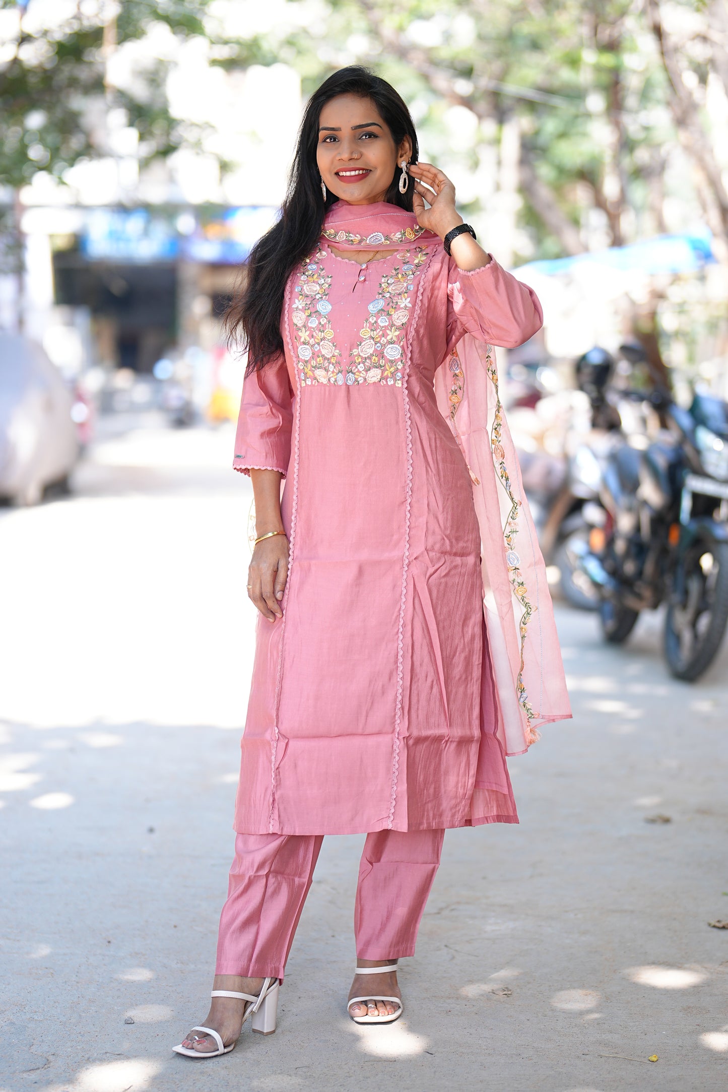 Peach color Viscose Fabric Party Wear 3 Piece Set