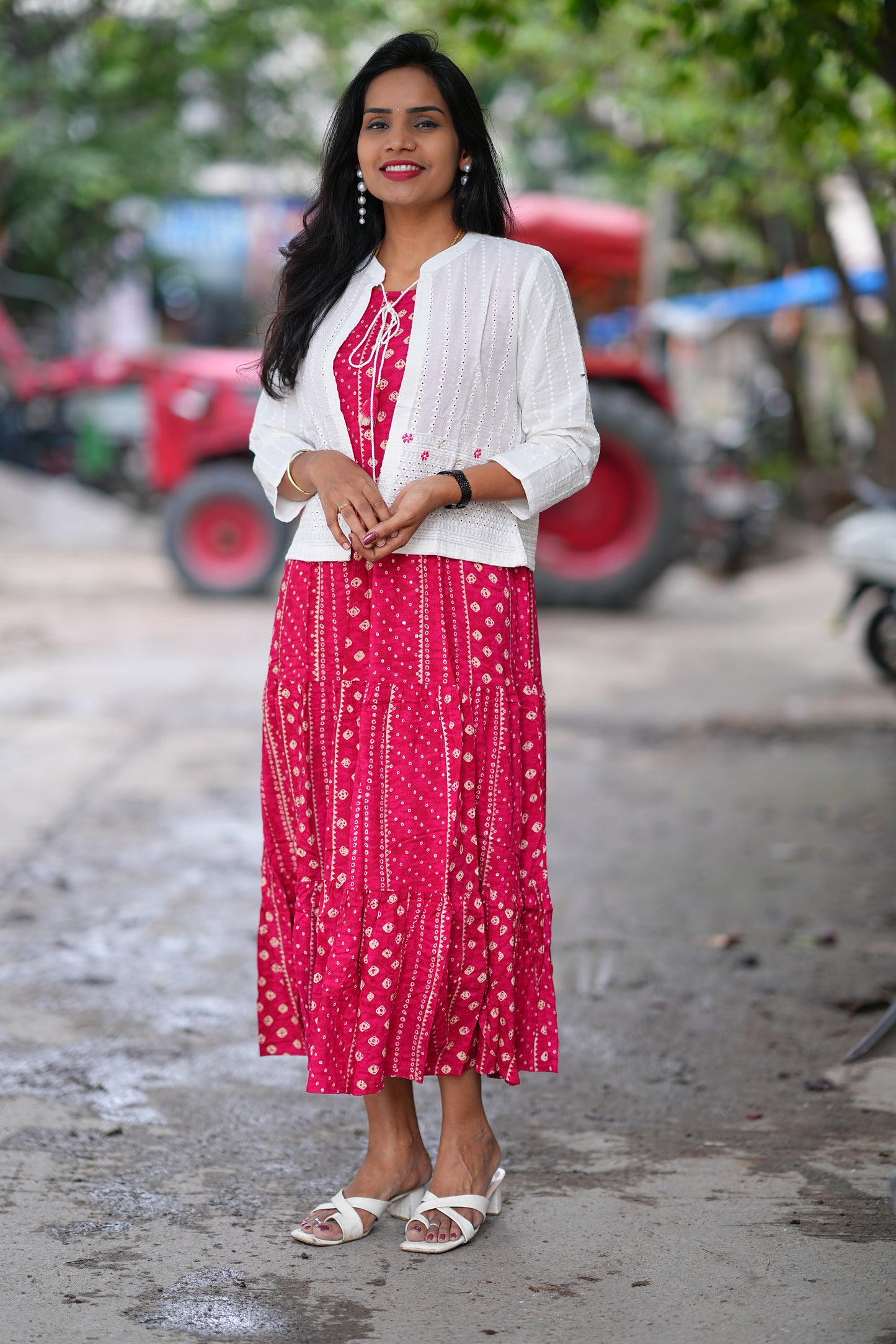 Red Color Rayon Frock With White Coat