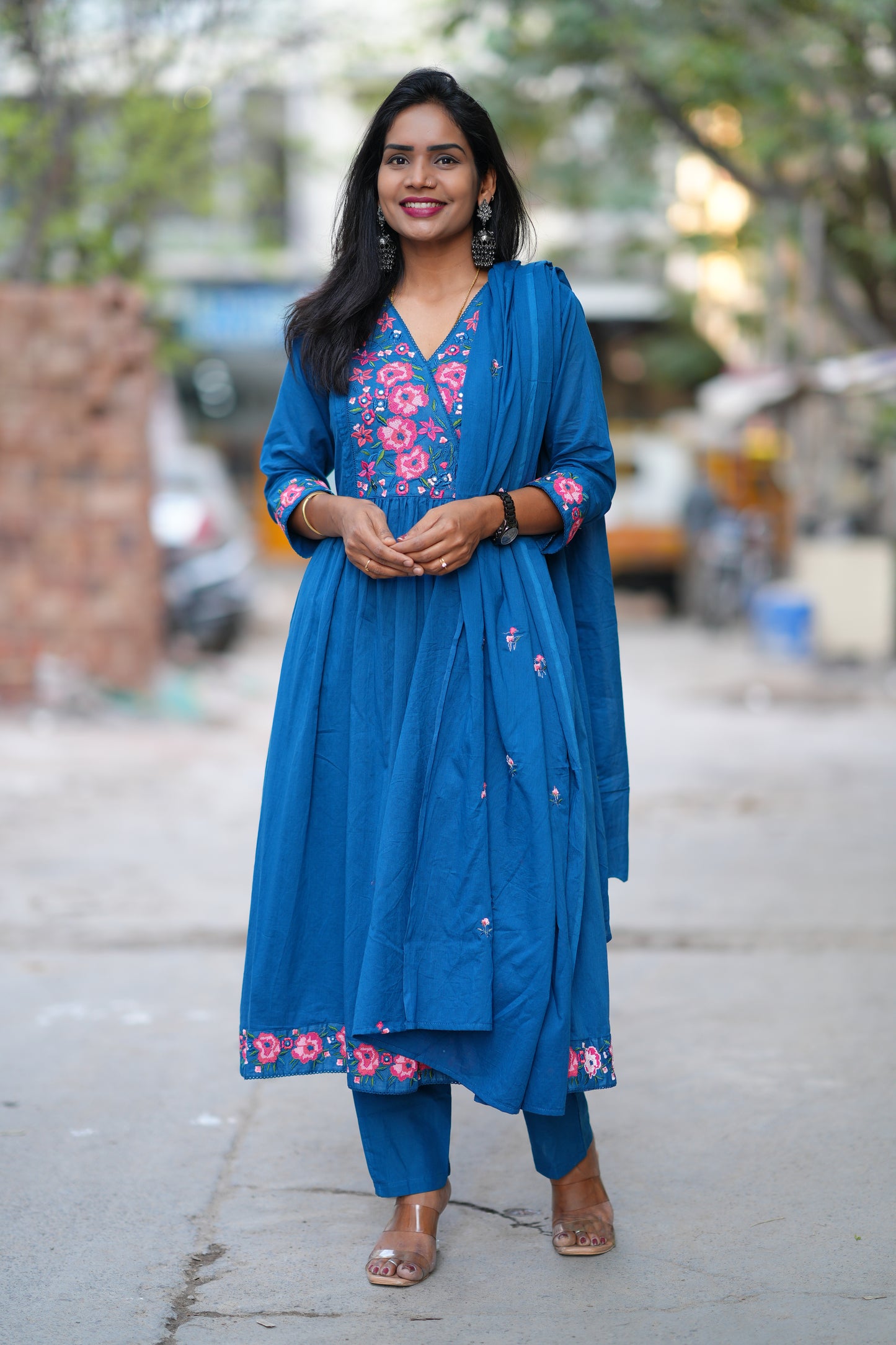 Teal Blue Color Mul Cotton 3 Piece Set With Embroidery Work and Complete Lining