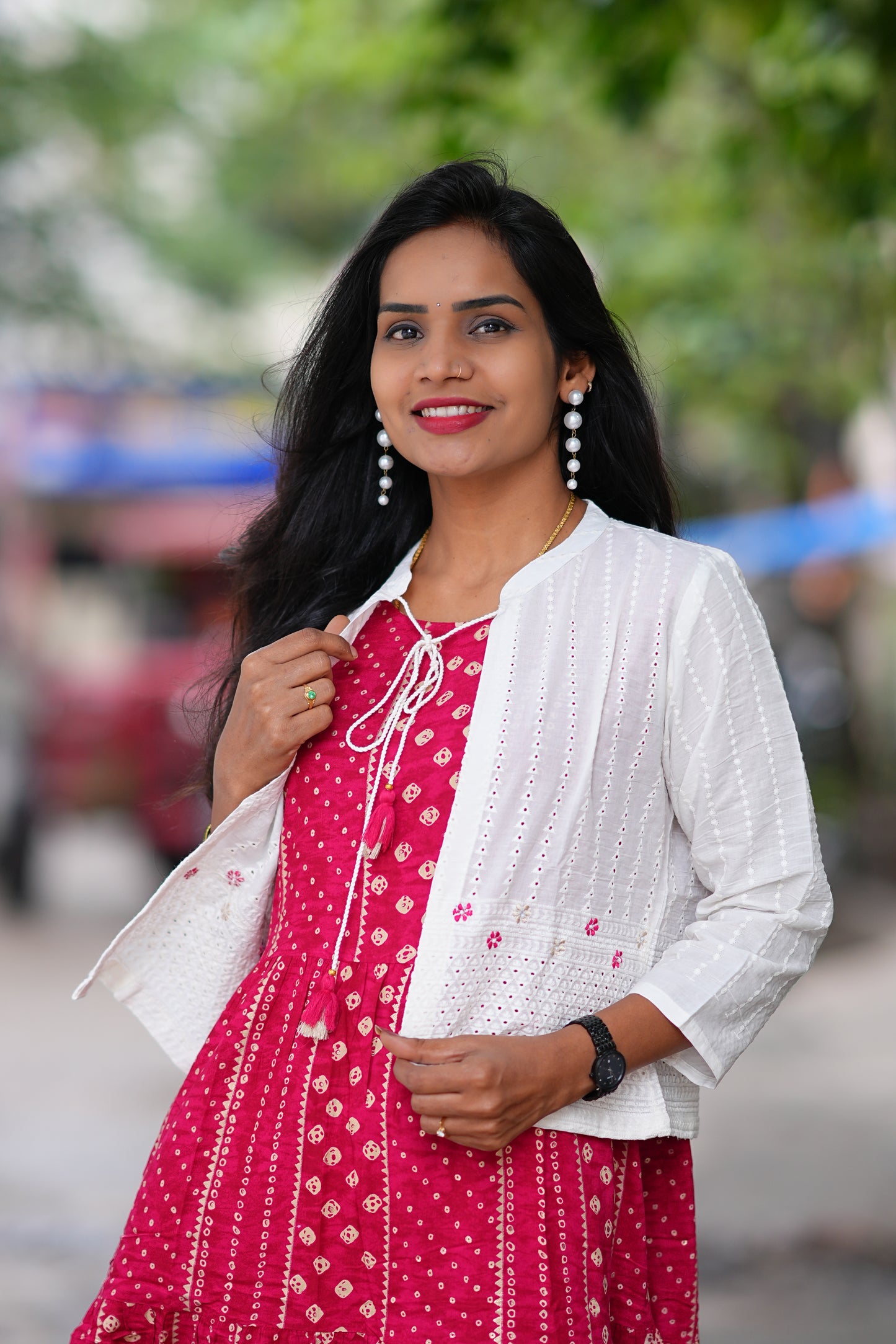 Red Color Rayon Frock With White Coat