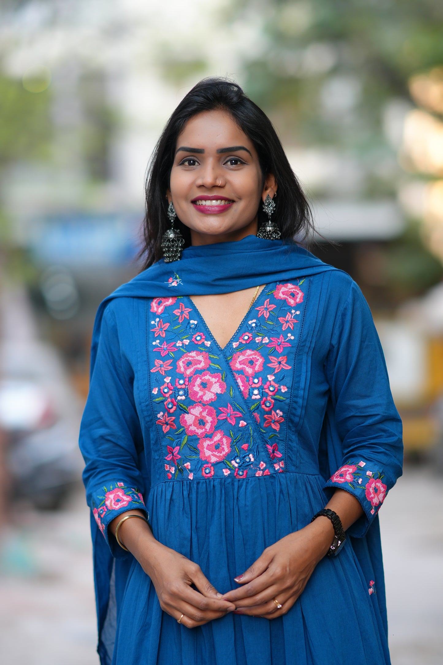 Teal Blue Color Mul Cotton 3 Piece Set With Embroidery Work and Complete Lining