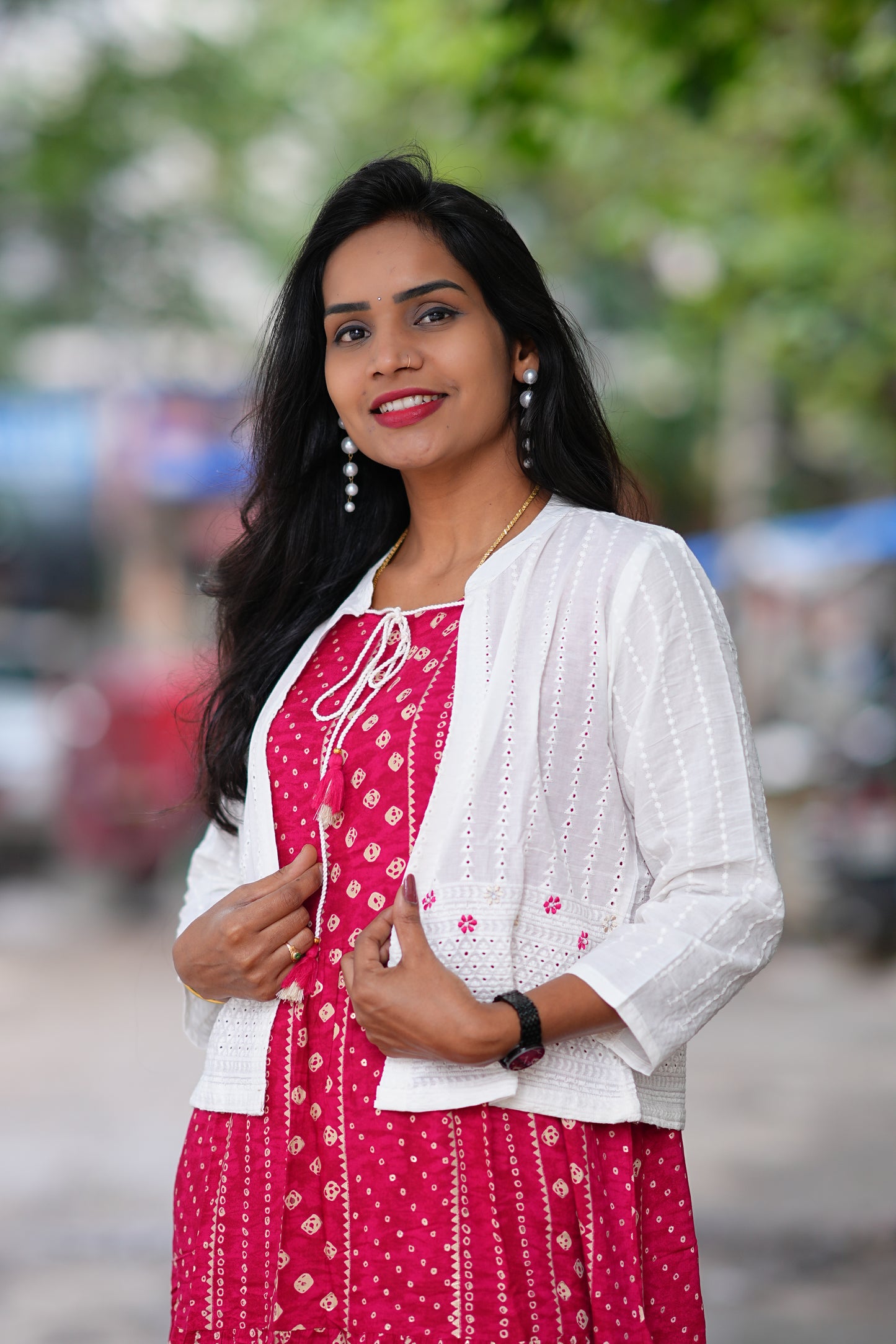Red Color Rayon Frock With White Coat