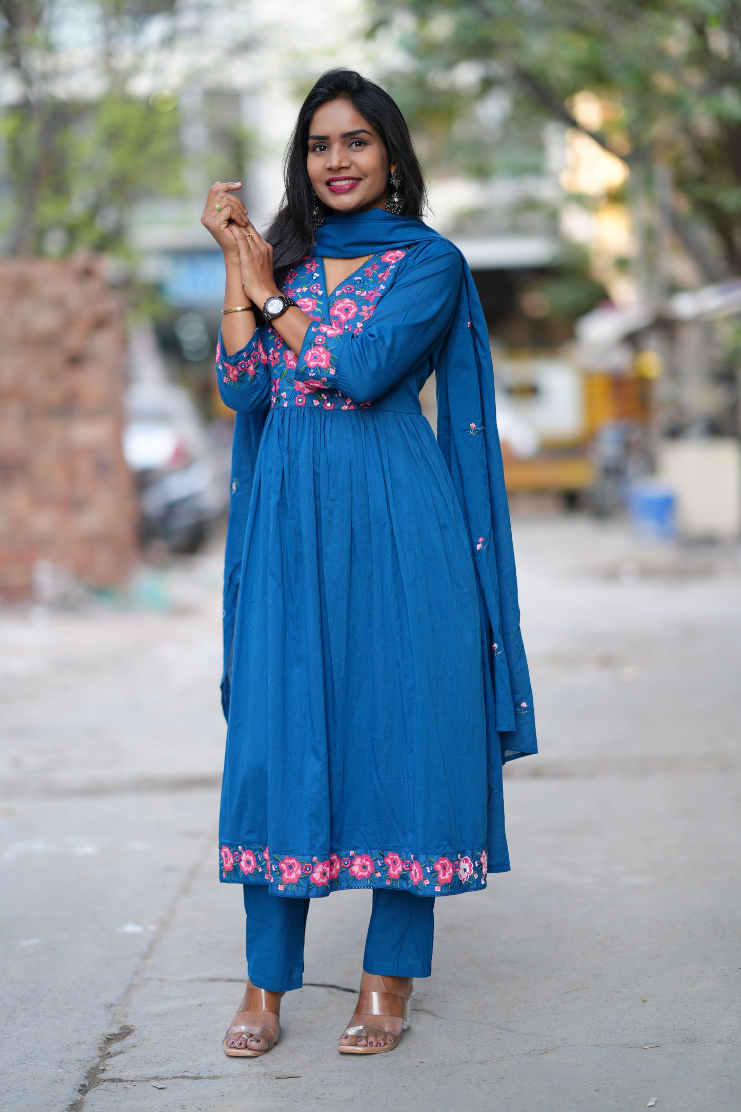 Teal Blue Color Mul Cotton 3 Piece Set With Embroidery Work and Complete Lining