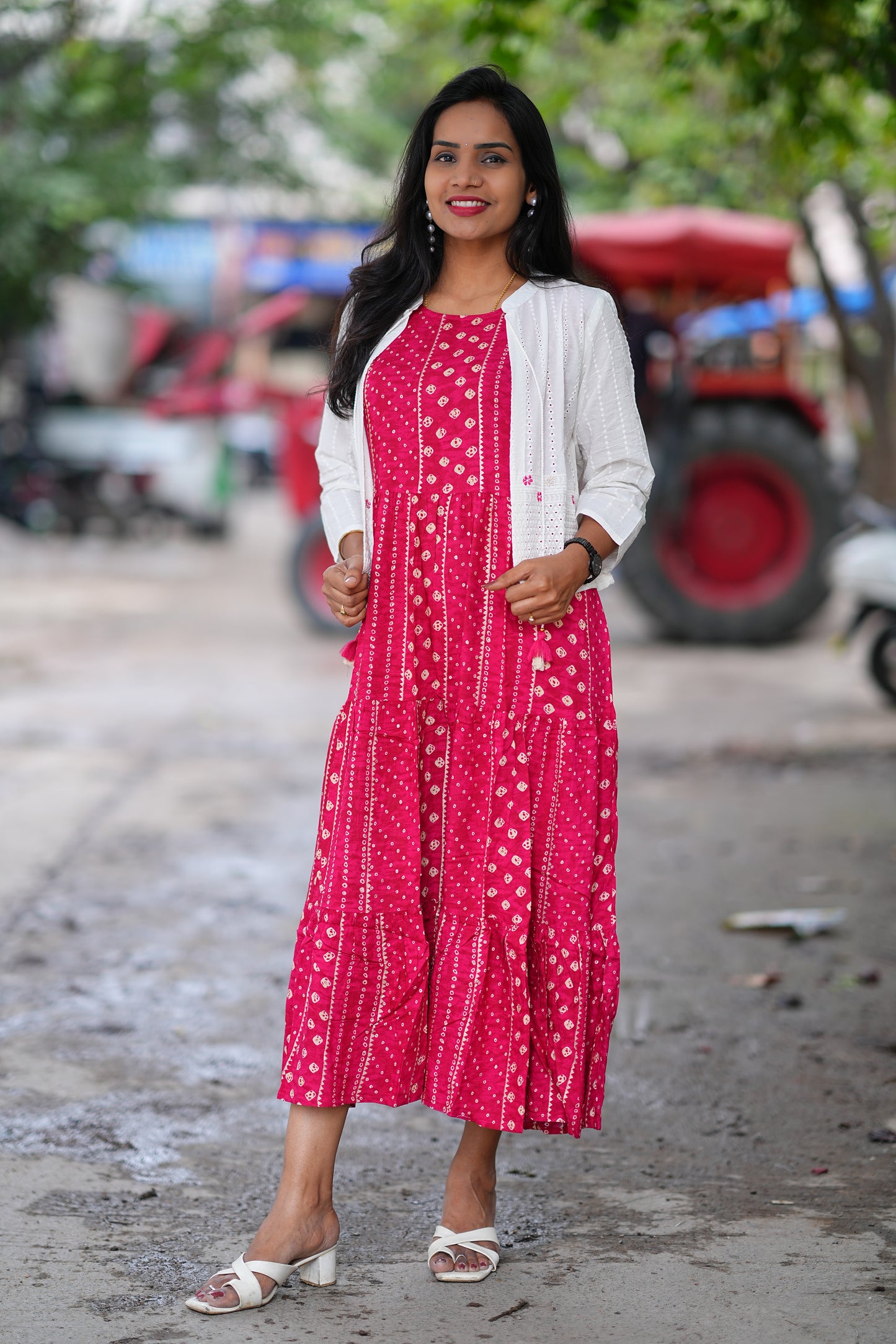 Red Color Rayon Frock With White Coat