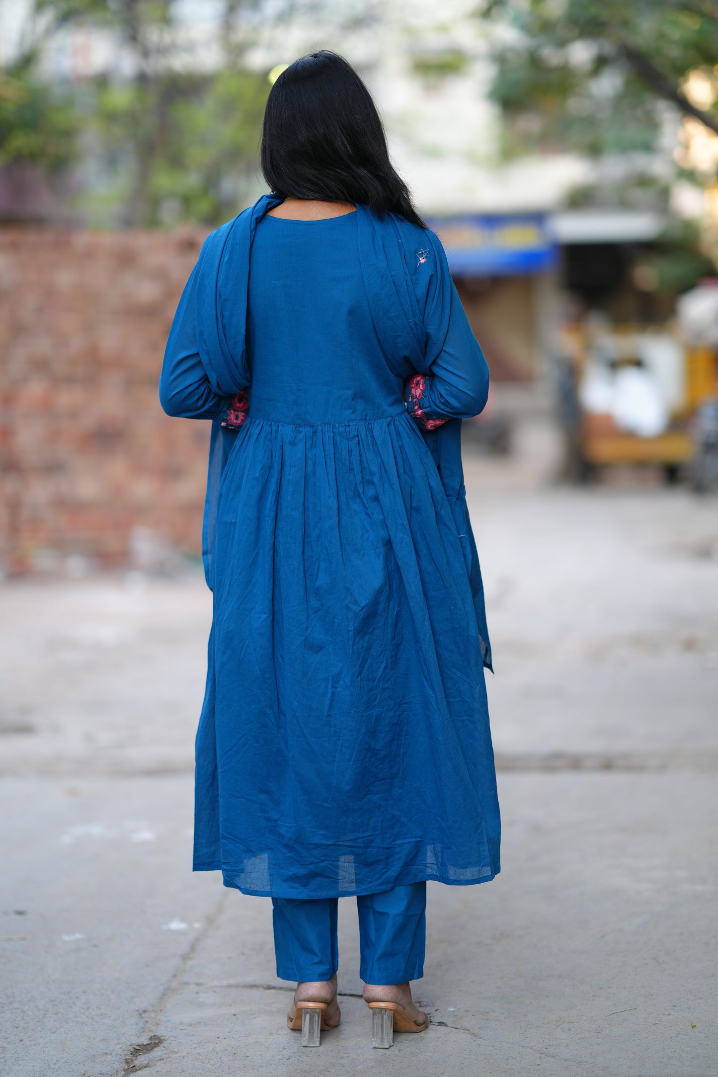 Teal Blue Color Mul Cotton 3 Piece Set With Embroidery Work and Complete Lining