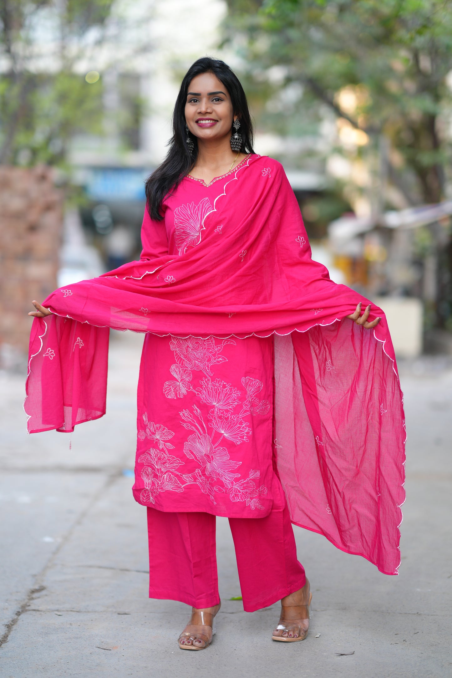 Pink Color Jaipur Cotton 3 Piece Set With Embroidery Work and Complete Lining