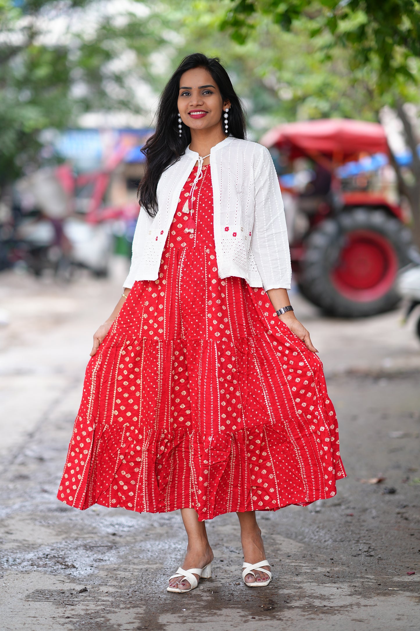 Pink Color Rayon Frock With White Coat
