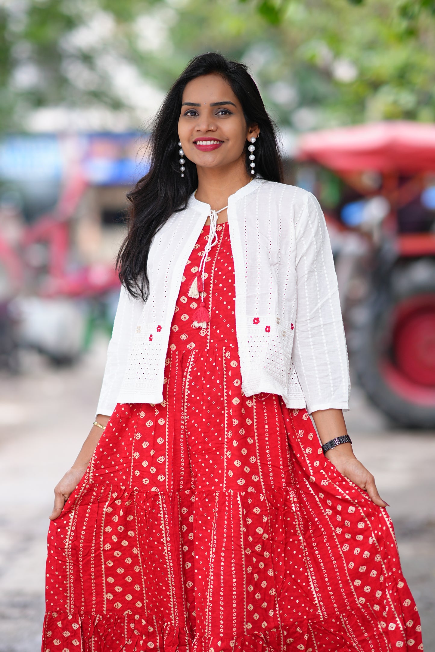 Pink Color Rayon Frock With White Coat
