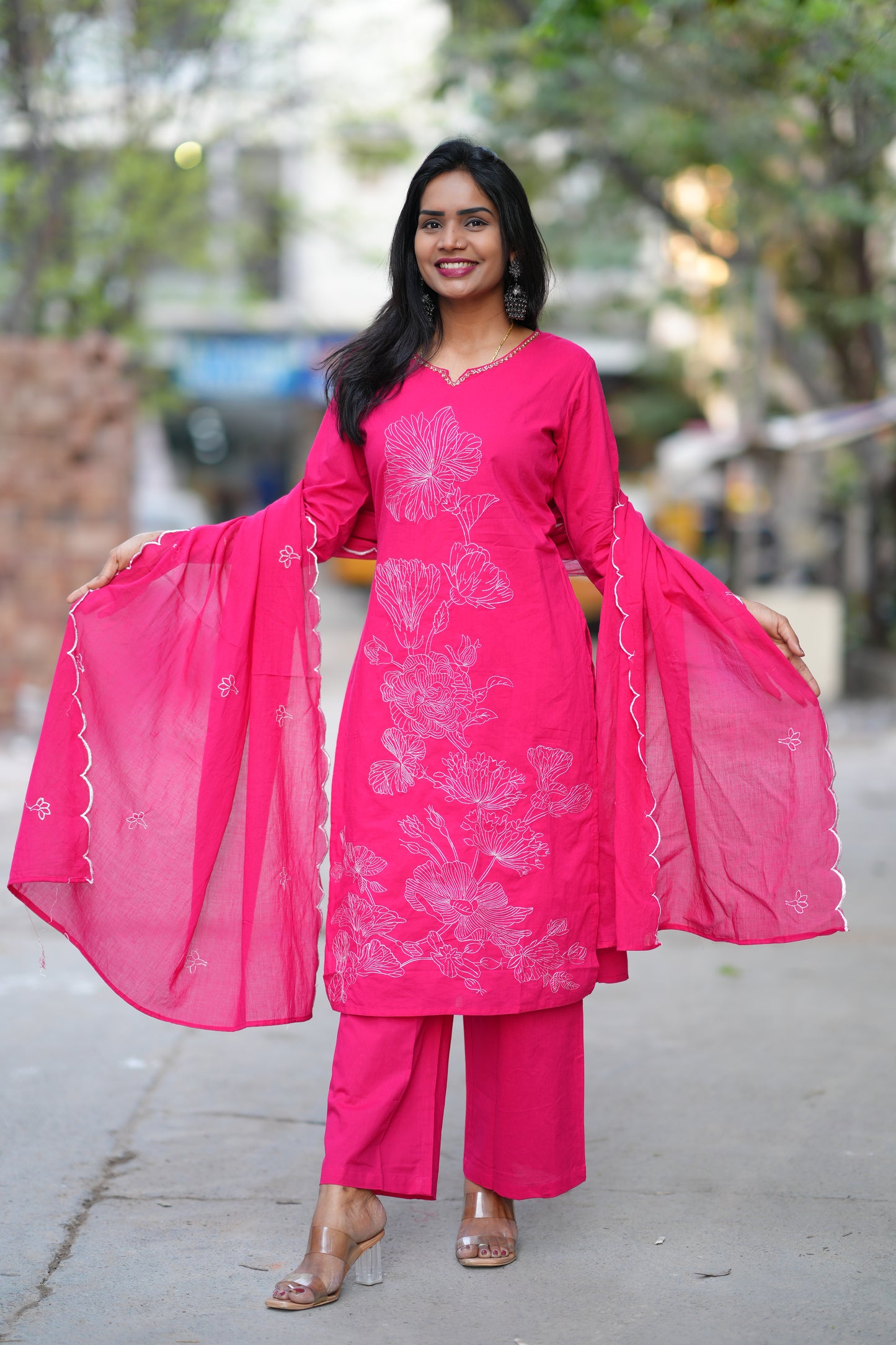 Pink Color Jaipur Cotton 3 Piece Set With Embroidery Work and Complete Lining