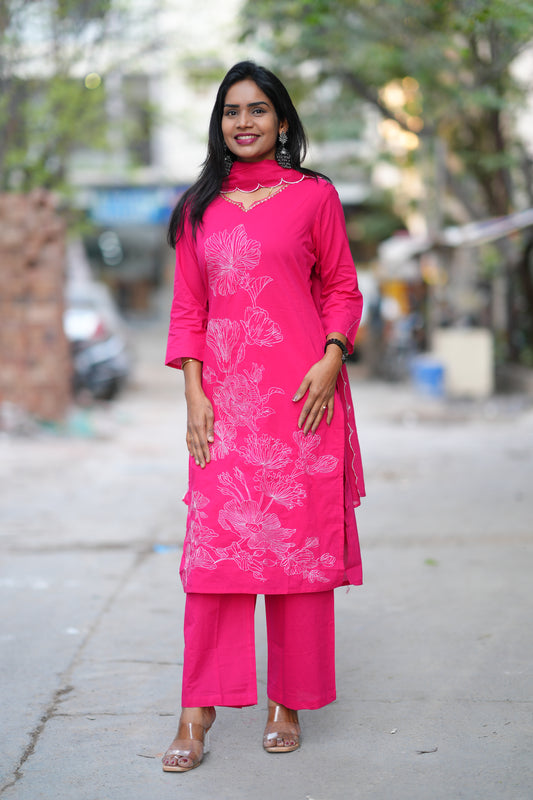 Pink Color Jaipur Cotton 3 Piece Set With Embroidery Work and Complete Lining