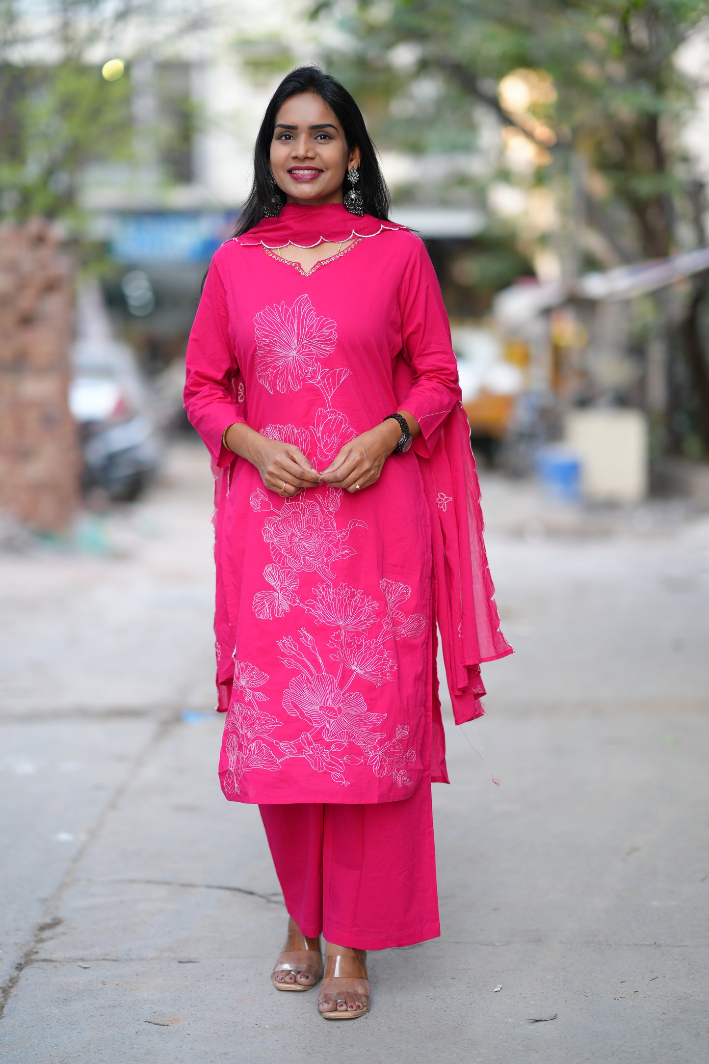 Pink Color Jaipur Cotton 3 Piece Set With Embroidery Work and Complete Lining