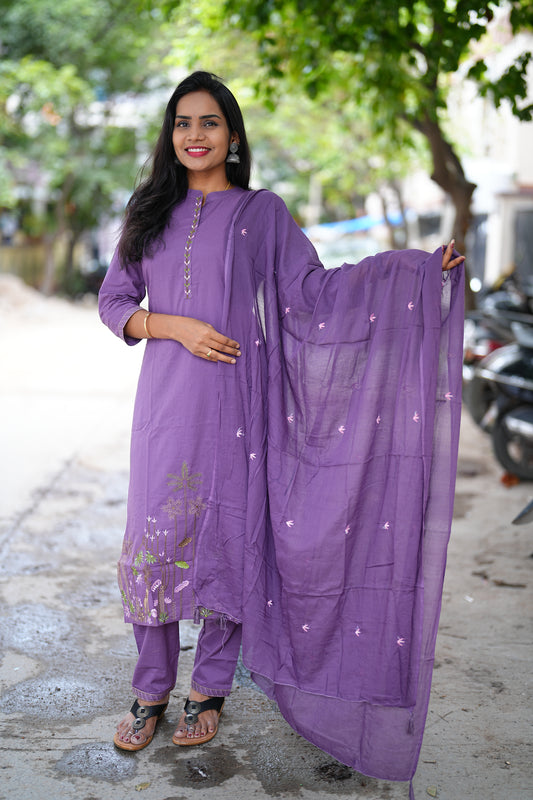 Lavender Color Jaipur Cotton Straight Cut 3 Piece Set With Complete Lining