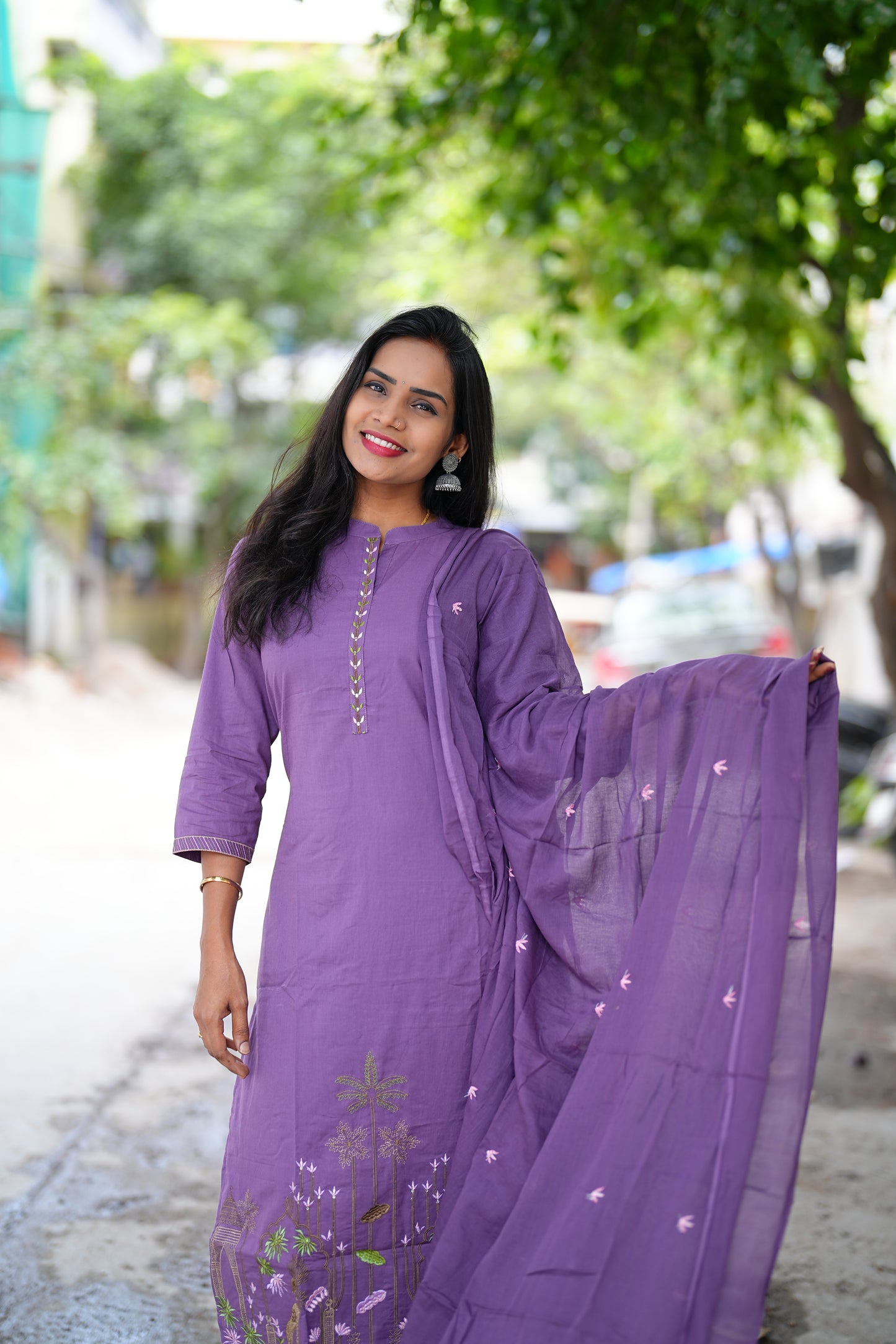 Lavender Color Jaipur Cotton Straight Cut 3 Piece Set With Complete Lining