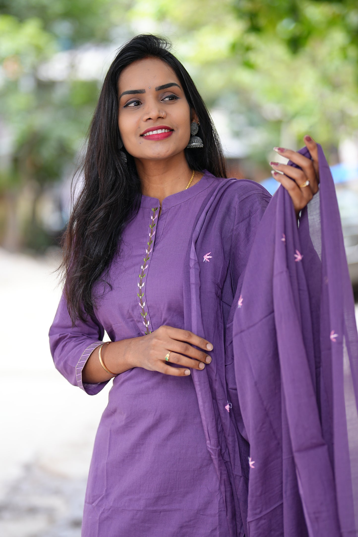 Lavender Color Jaipur Cotton Straight Cut 3 Piece Set With Complete Lining