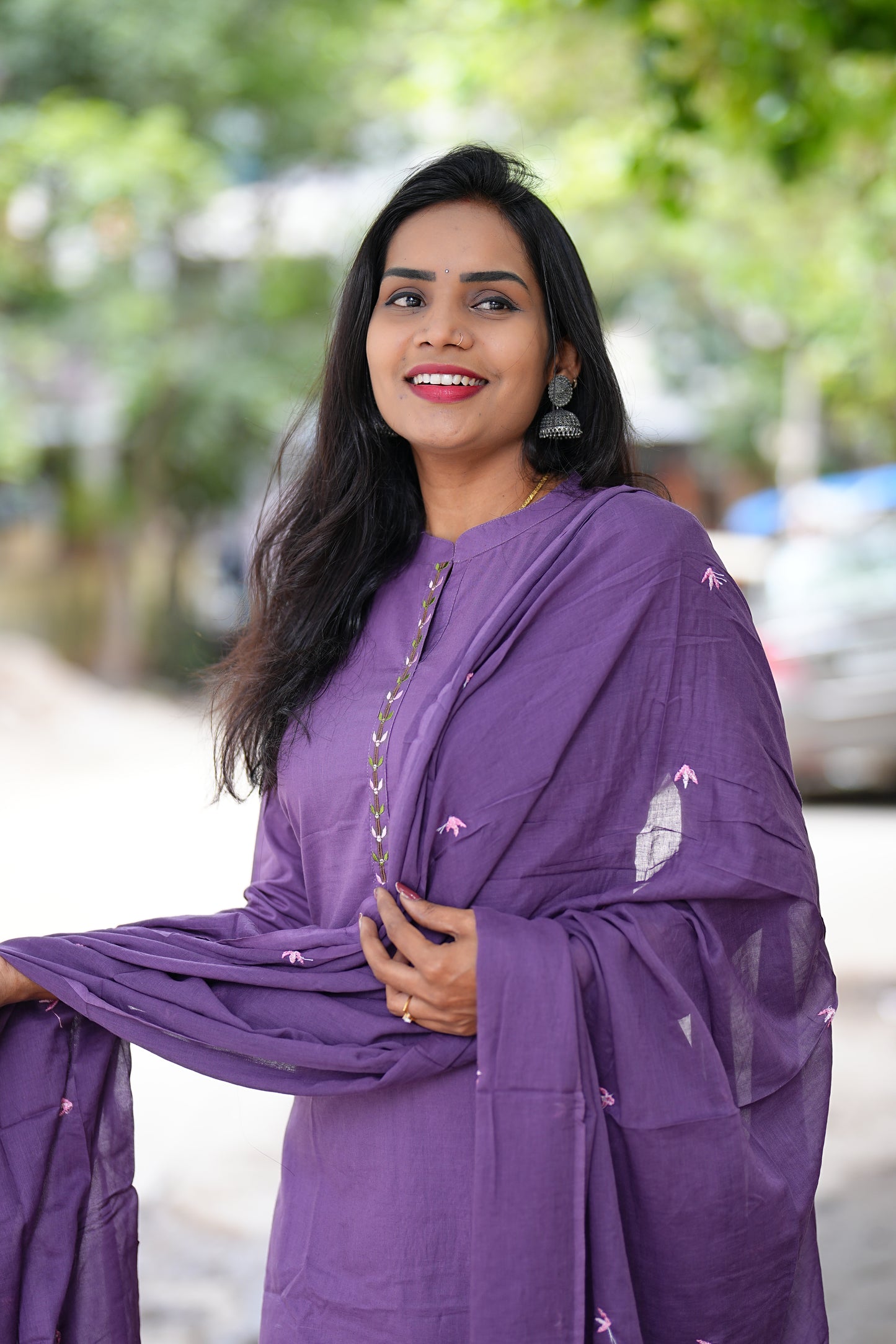 Lavender Color Jaipur Cotton Straight Cut 3 Piece Set With Complete Lining